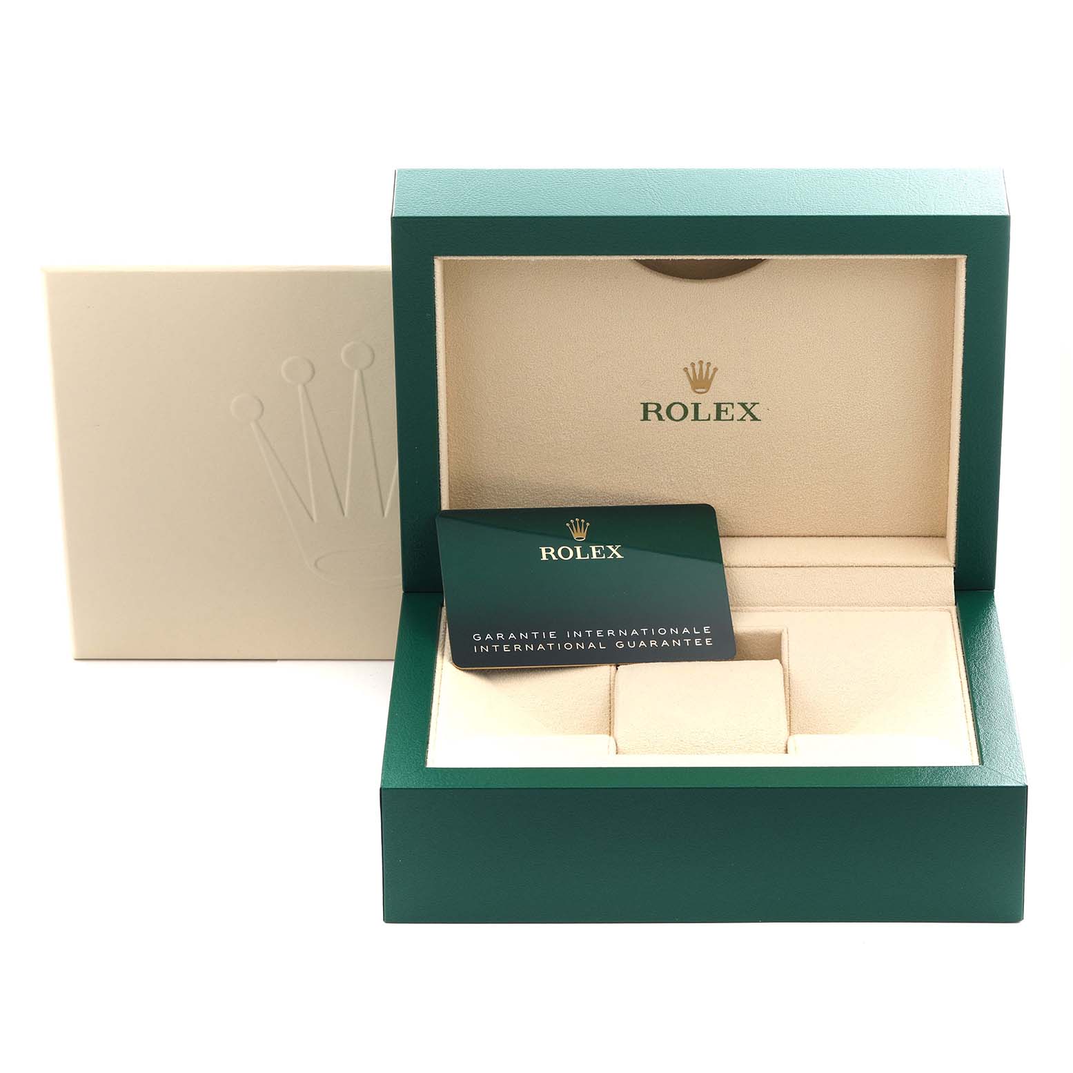 The image shows an open Rolex Air-King 126900 Men
s Stainless Steel Black Dial 126900 Men
s Stainless Steel Black Dial box with a guarantee card, viewed from the front.