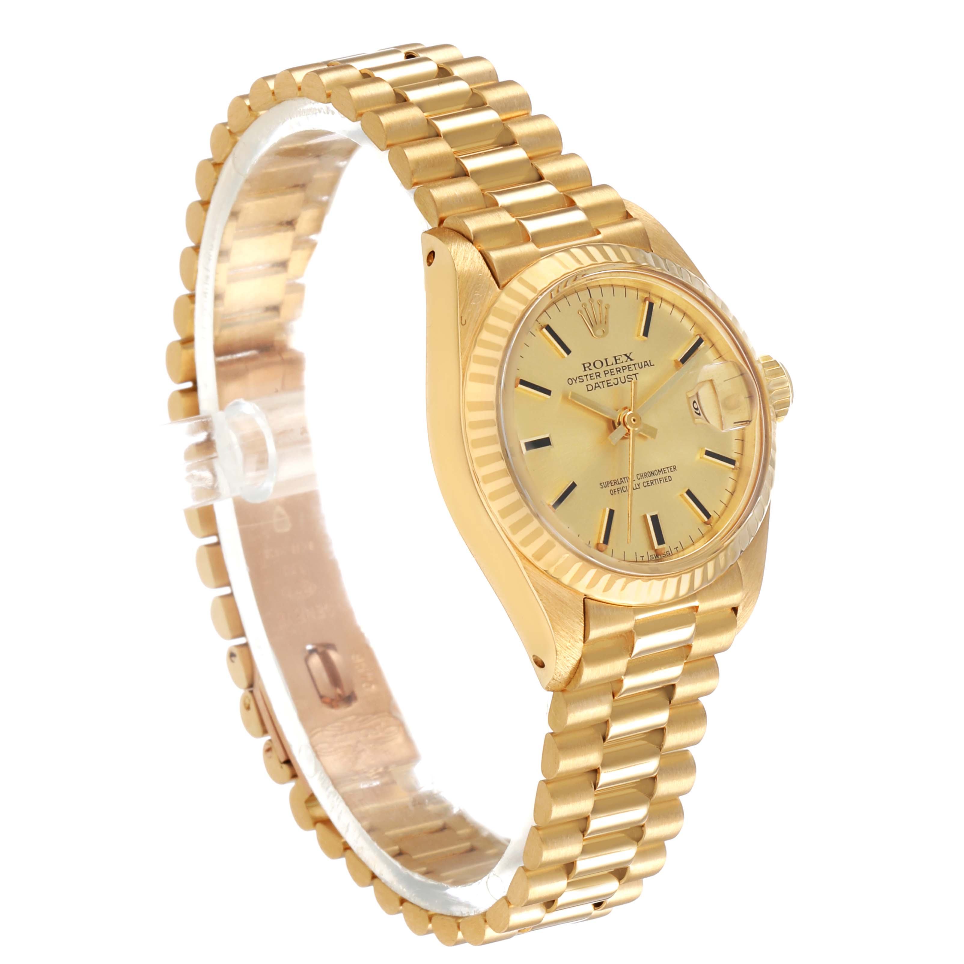 The Rolex President 6917 Women's Yellow Gold Champagne Dial watch is shown at a three-quarter angle, displaying the gold case, dial, bezel, and bracelet.