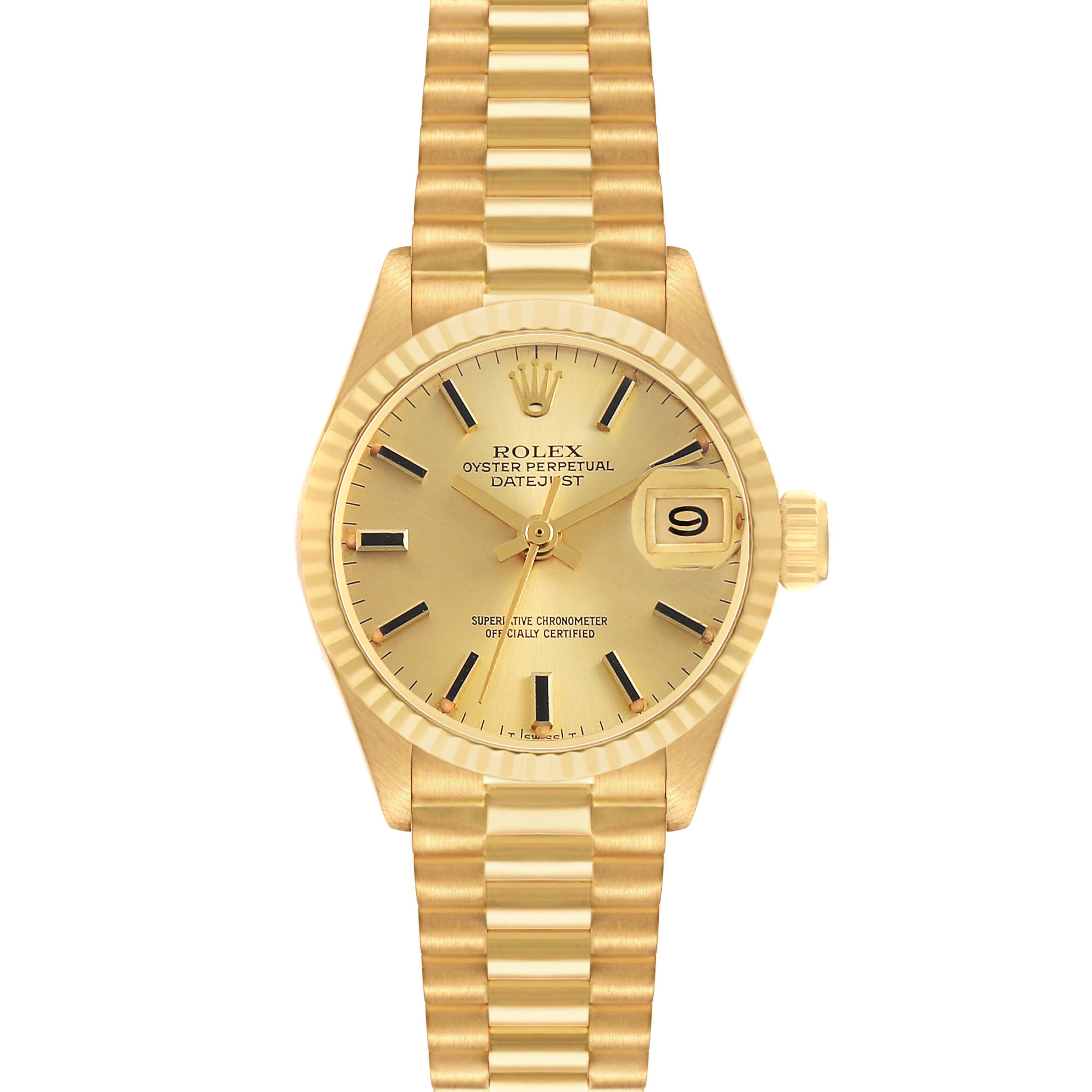 The image shows a frontal view of a Rolex President 6917 Women's Yellow Gold Champagne Dial watch, highlighting its gold dial, fluted bezel, and President bracelet.