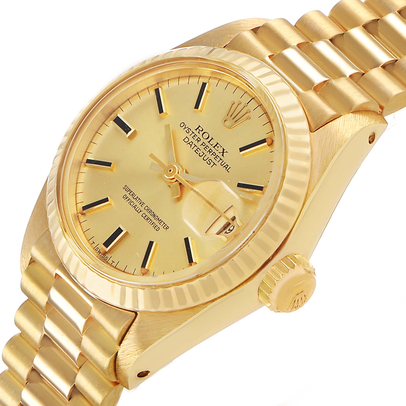 The Rolex President 6917 Women's Yellow Gold Champagne Dial model watch is shown from a 3/4 angle, highlighting the dial, bezel, crown, and bracelet.
