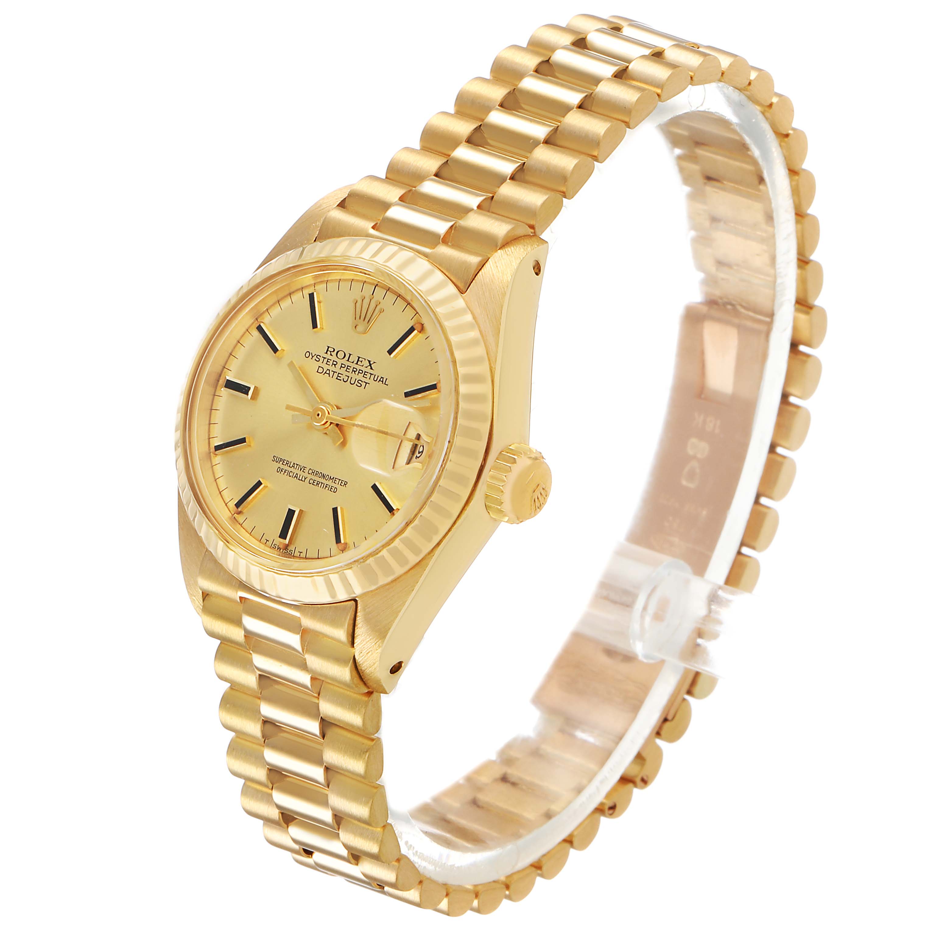The Rolex President 6917 Women's Yellow Gold Champagne Dial model is shown at a slight angle, displaying the face, bezel, crown, and bracelet.