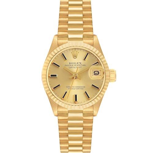 The Rolex President 6917 Women's Yellow Gold Champagne Dial model is shown from a front angle, displaying the gold dial, bezel, and bracelet.