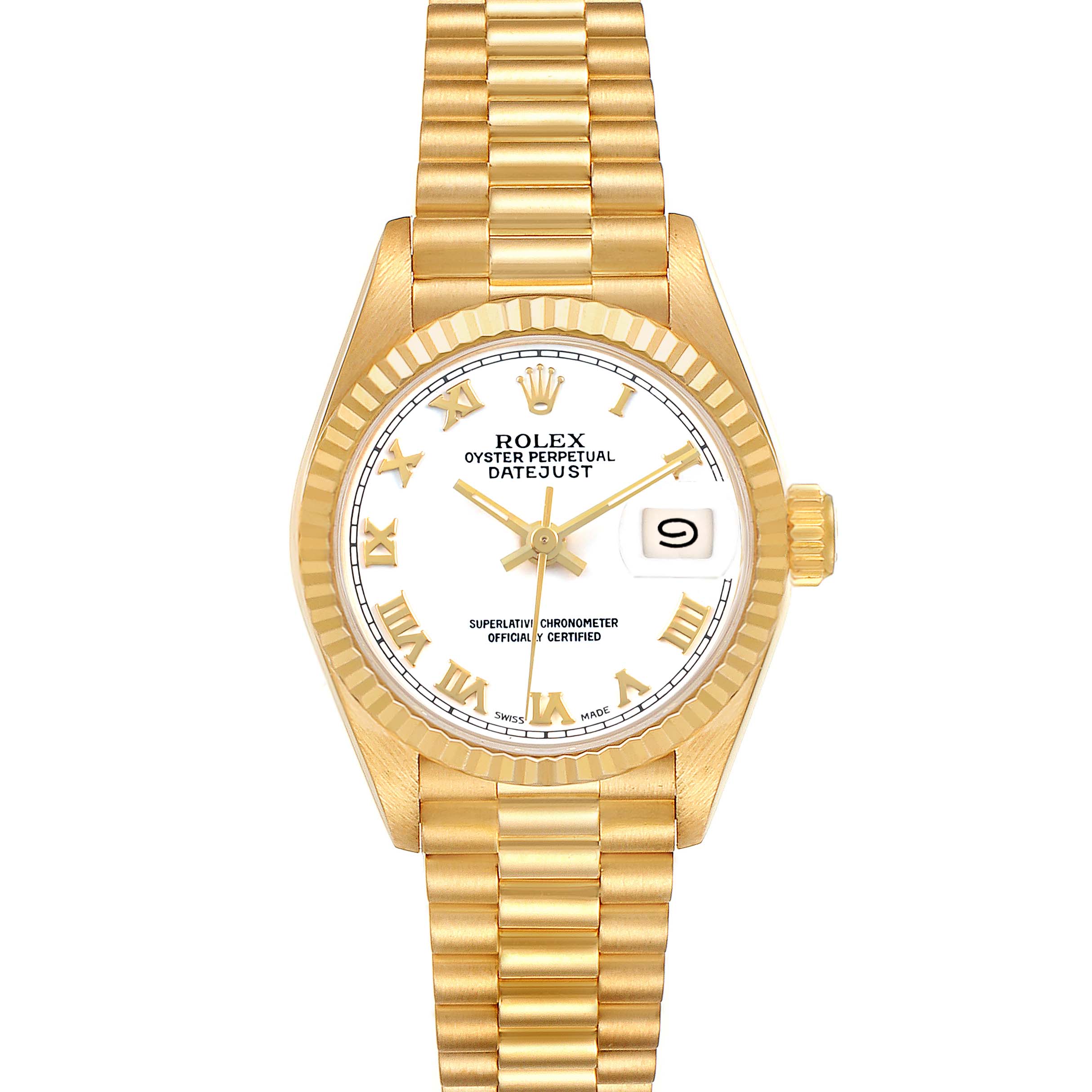 The Rolex President 69178 Women's Yellow Gold White Dial model watch is shown from the front, displaying the face, bezel, bracelet, and date feature.