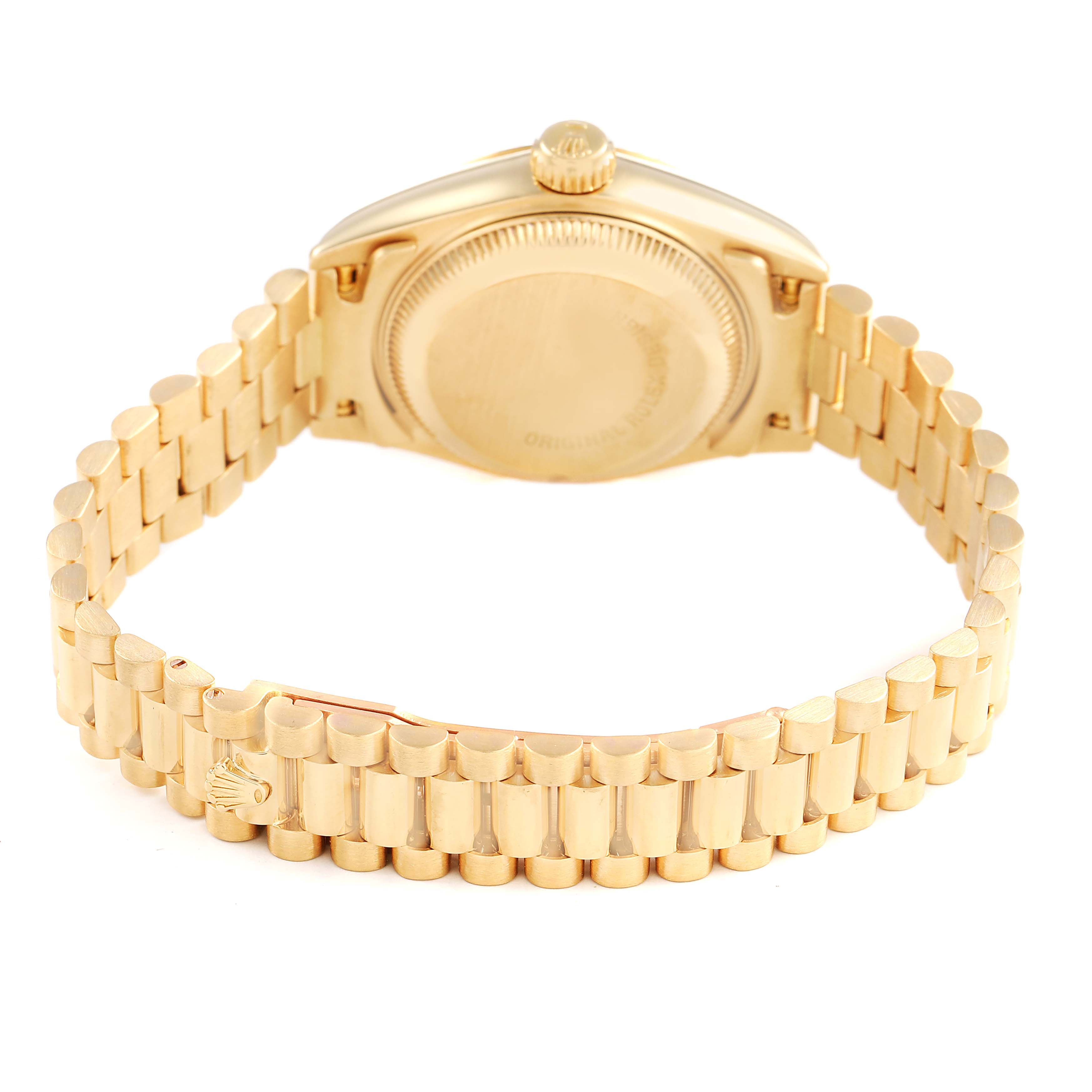 The image shows the back case and bracelet of a Rolex President 69178 Women's Yellow Gold White Dial model watch from a rear angle.