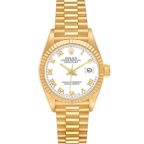 The Rolex President 69178 Women's Yellow Gold White Dial model watch is shown from the front, featuring the dial, bezel, and full bracelet.