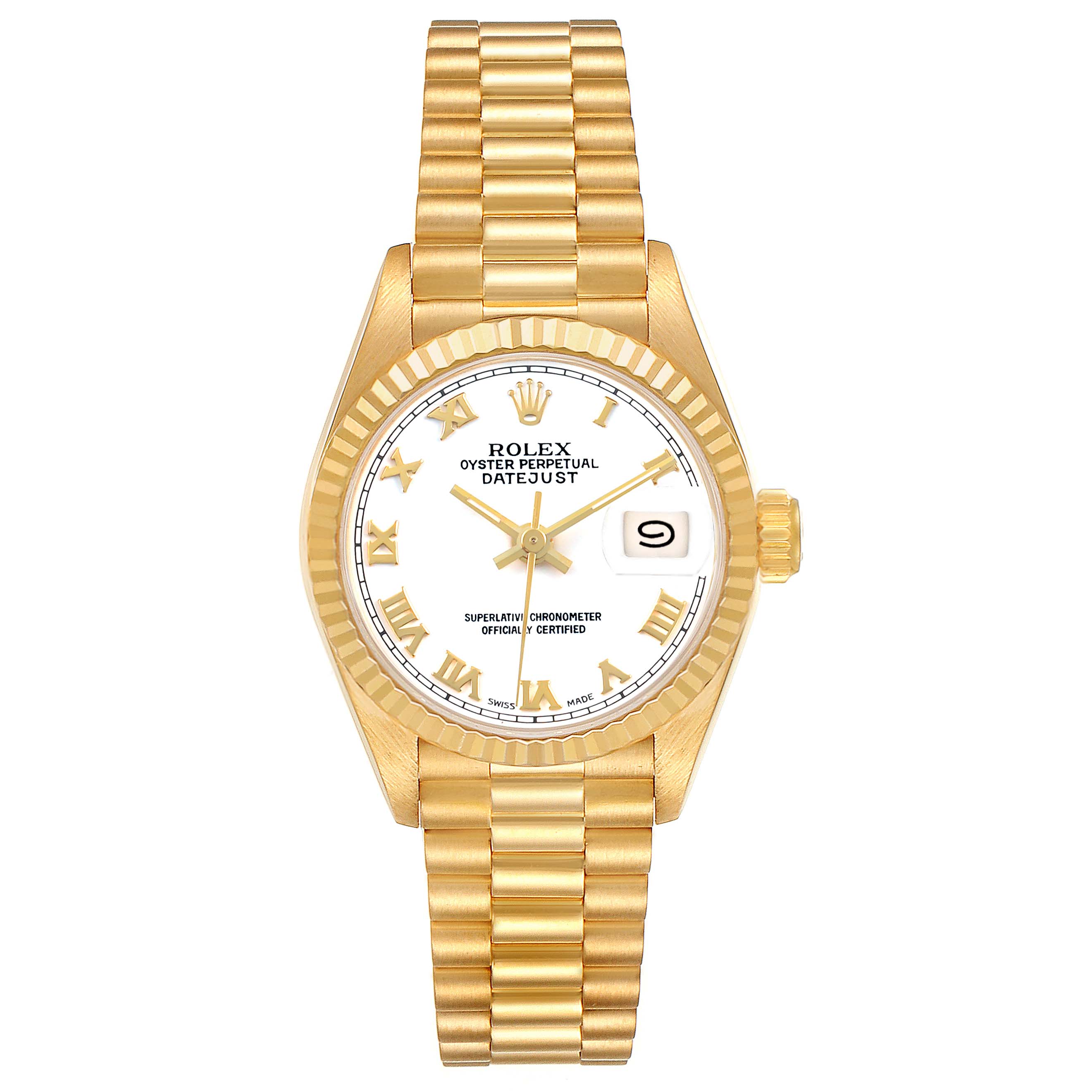 The Rolex President 69178 Women's Yellow Gold White Dial model watch is shown from the front, highlighting its dial, bezel, and bracelet.