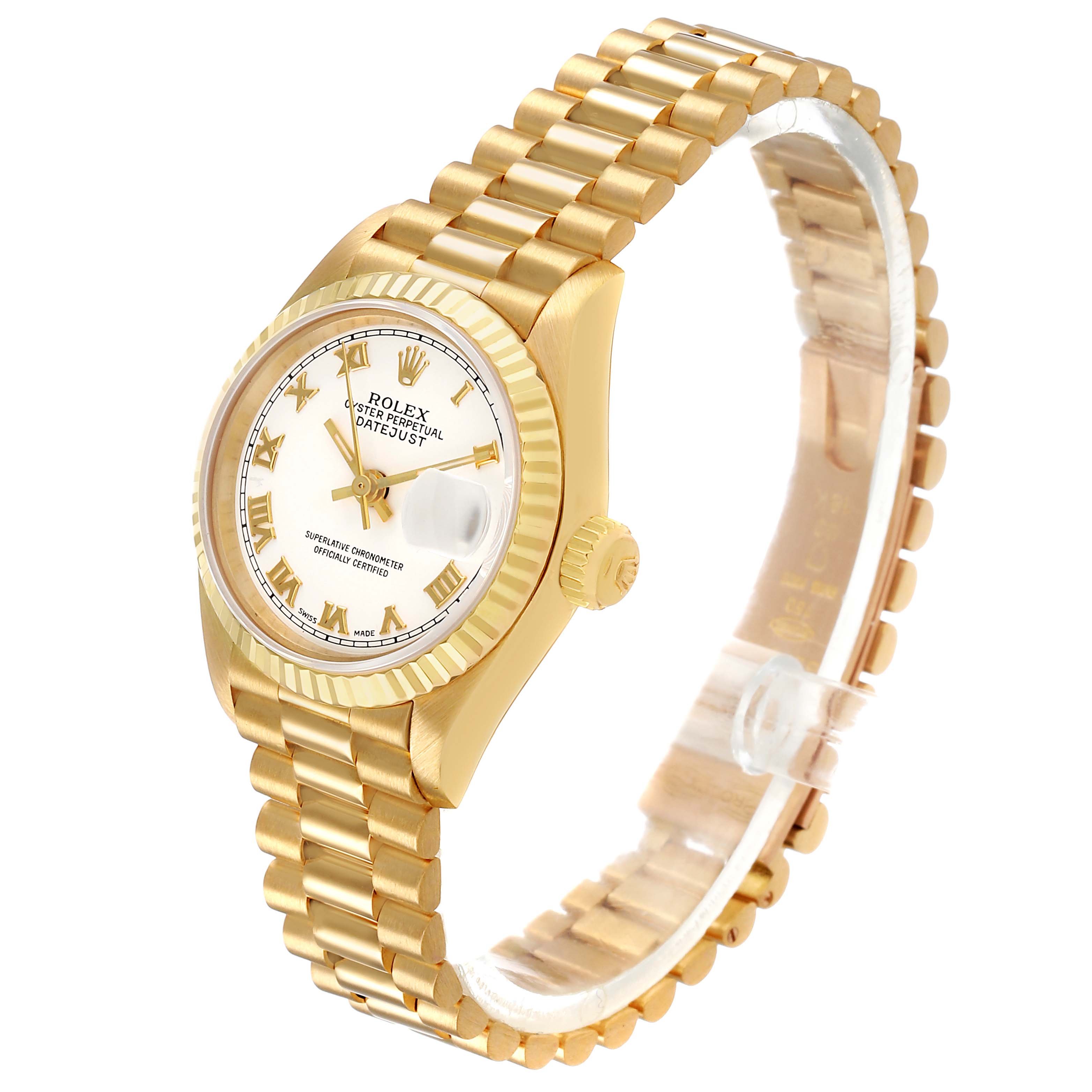 The Rolex President 69178 Women's Yellow Gold White Dial model is shown at a slight angle, displaying the watch face, crown, and gold bracelet prominently.