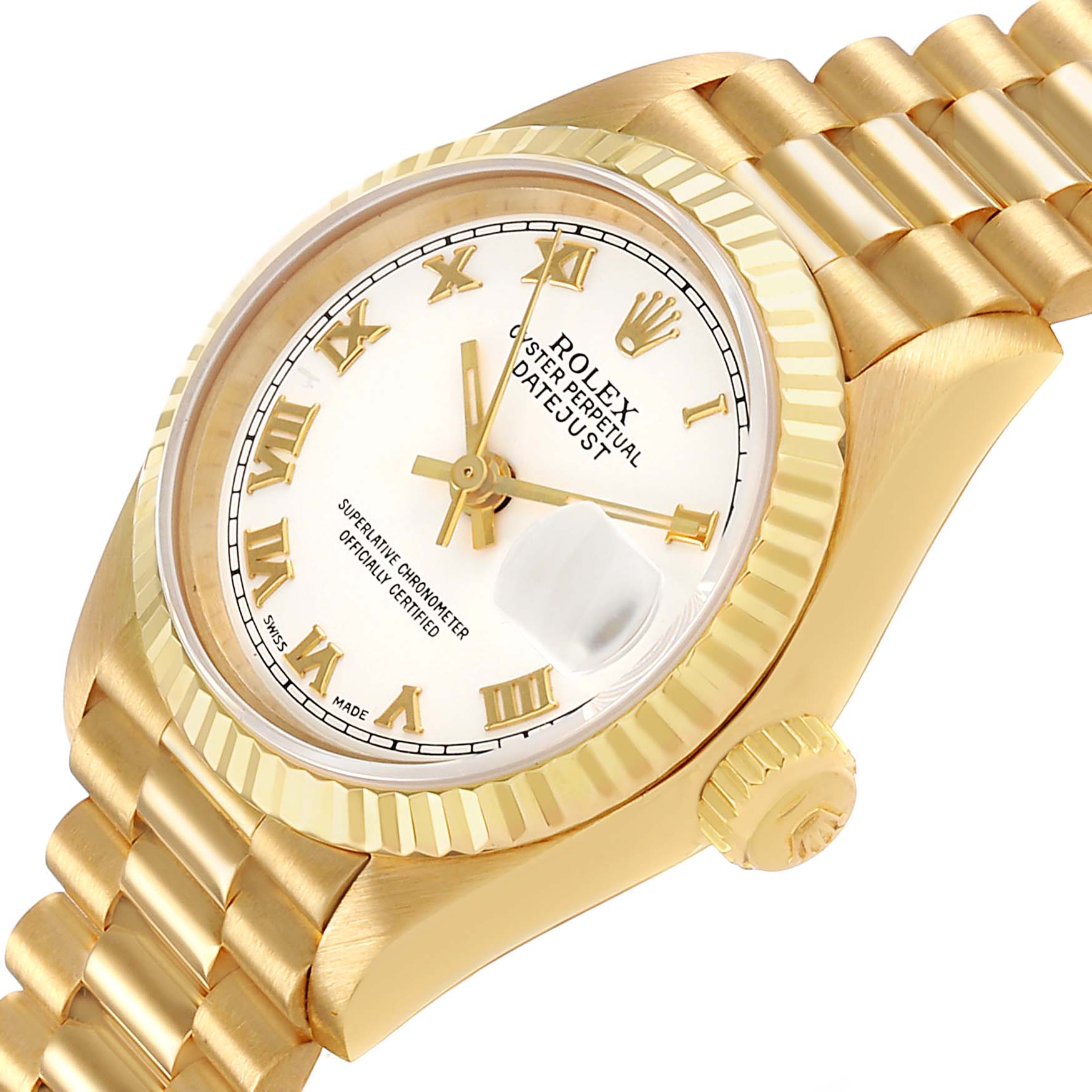 The Rolex President 69178 Women's Yellow Gold White Dial model watch is shown at a side angle, highlighting the face, crown, and part of the bracelet.