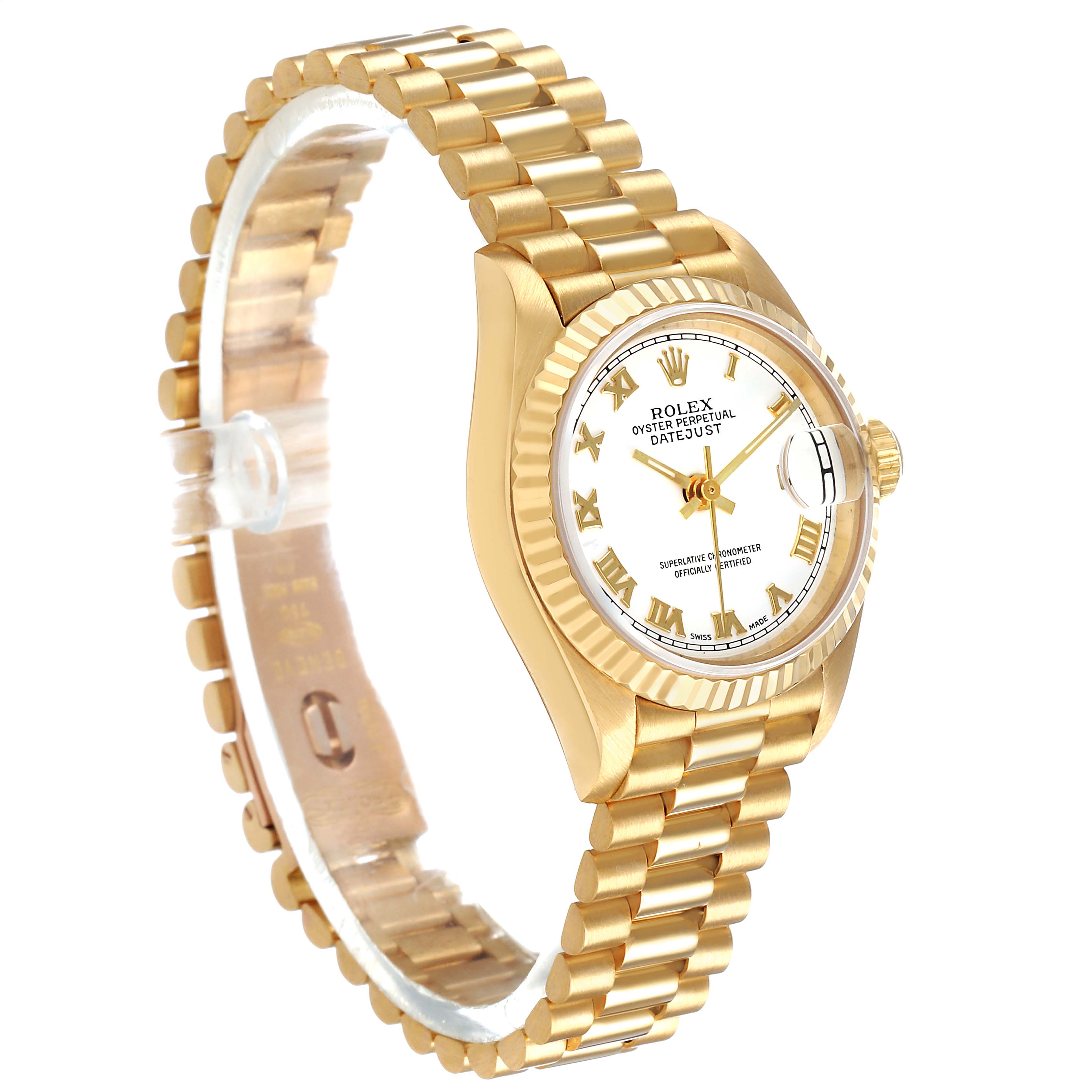 The image shows a side angle of a Rolex President 69178 Women's Yellow Gold White Dial model watch, highlighting its gold bracelet, case, and white dial.