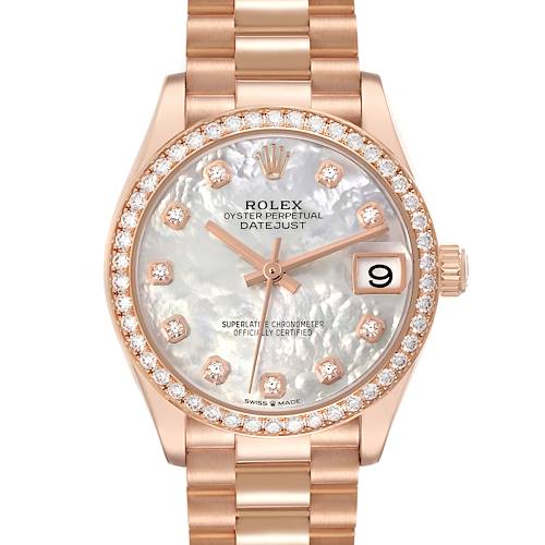 The Rolex President model watch is shown from the front, featuring the face, bezel, and part of the bracelet.