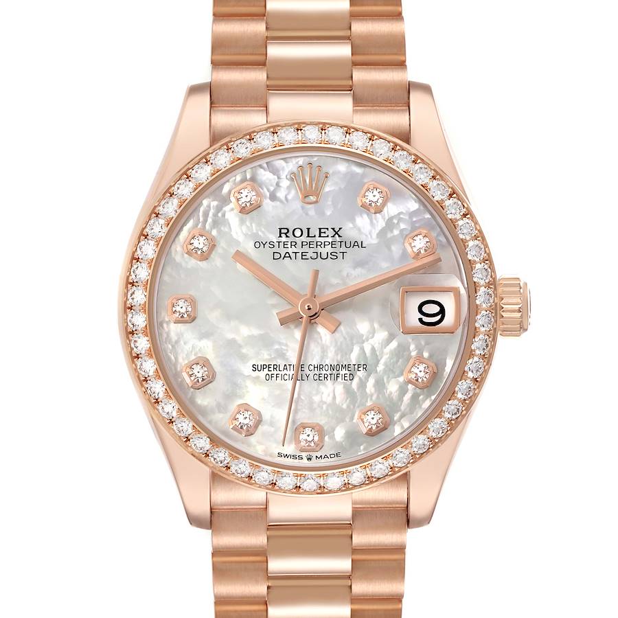 The image shows a frontal view of a Rolex President model, highlighting its dial, bezel, and bracelet.