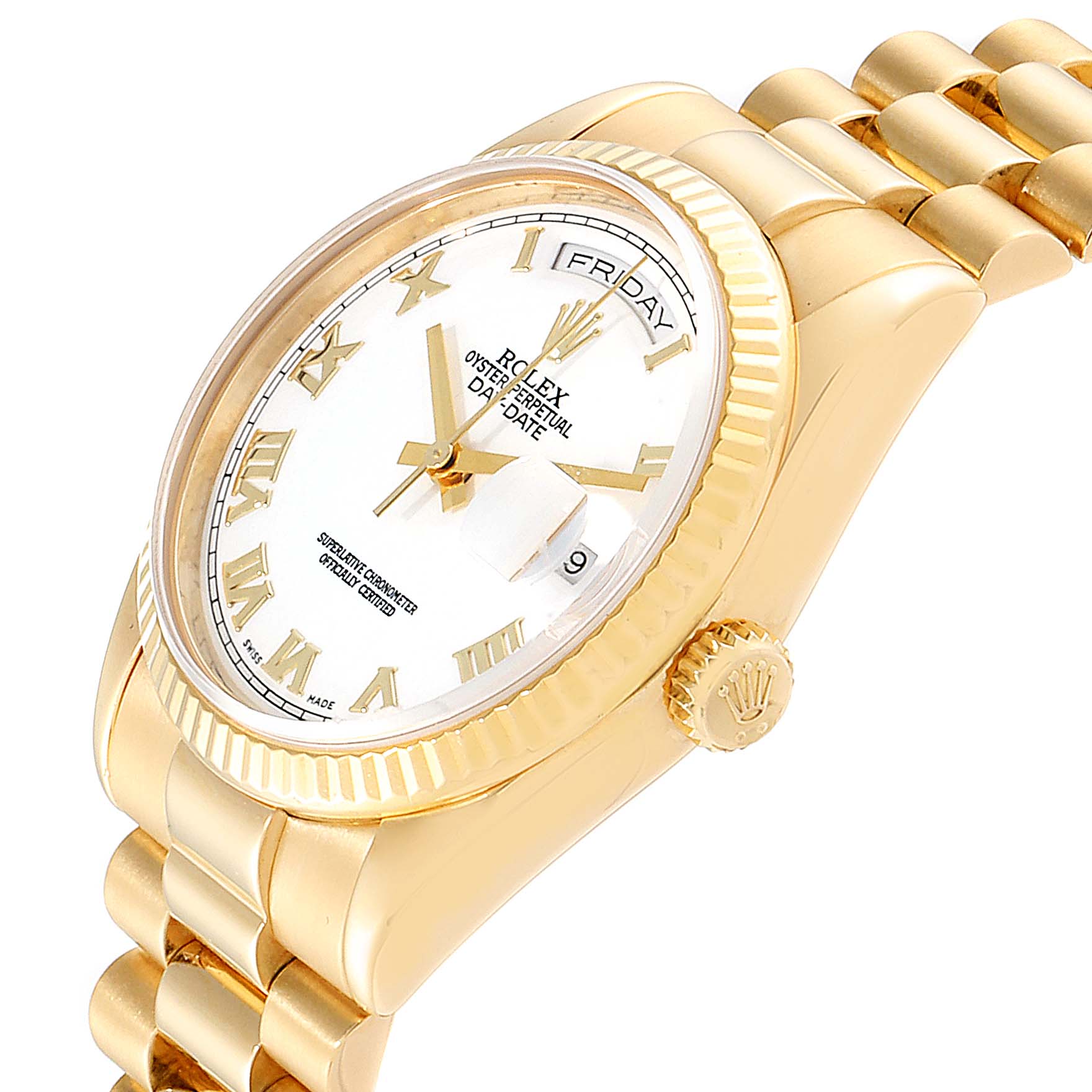 The image shows a side angle of a Rolex President 118238 Men
s Yellow Gold White Dial 118238 Men
s Yellow Gold White Dial model watch, highlighting its case, crown, dial, and bracelet.