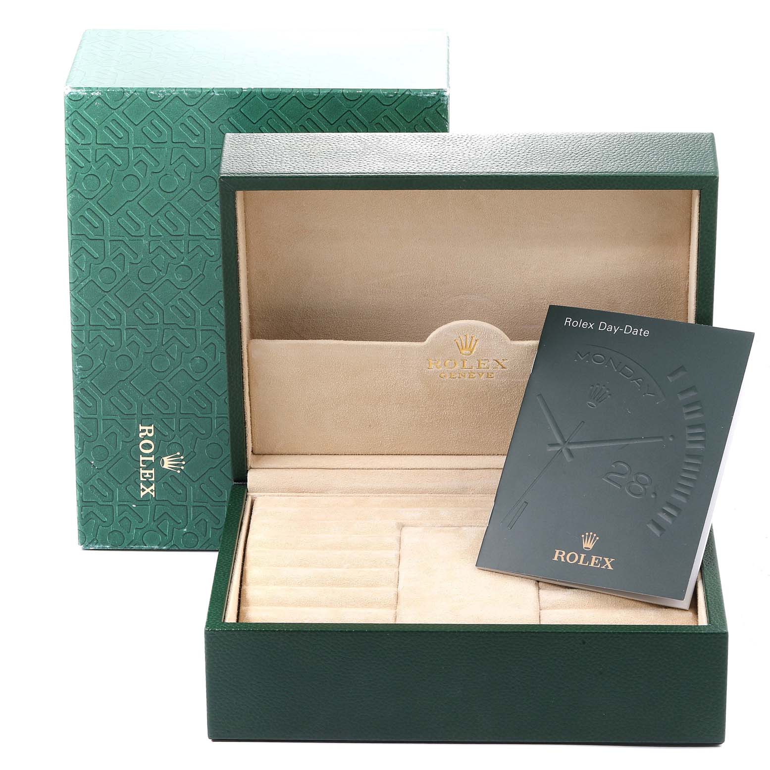 The image shows a green Rolex President 118238 Men
s Yellow Gold White Dial 118238 Men
s Yellow Gold White Dial model box, with the interior open, and an accompanying booklet.