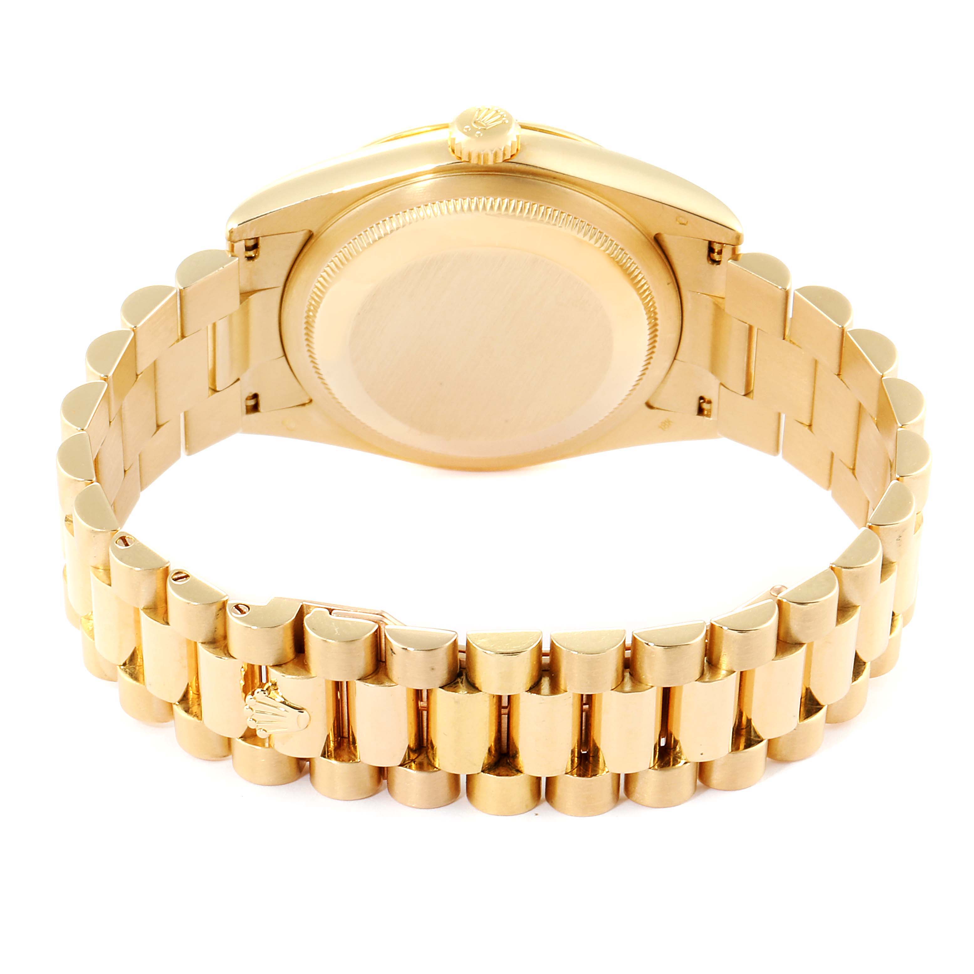 This image shows the back view of a Rolex President 118238 Men
s Yellow Gold White Dial 118238 Men
s Yellow Gold White Dial model watch, highlighting the case back and part of the bracelet.