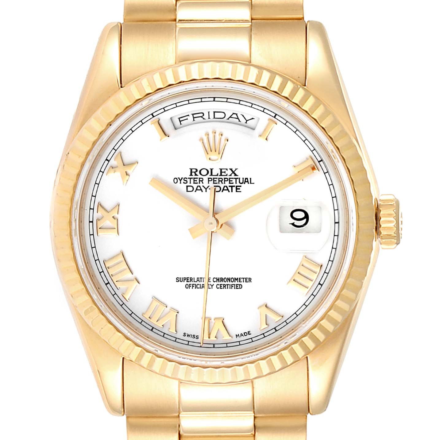 The image shows a front view of a Rolex President 118238 Men
s Yellow Gold White Dial 118238 Men
s Yellow Gold White Dial model watch, featuring a gold case, white dial, and Roman numeral markers.