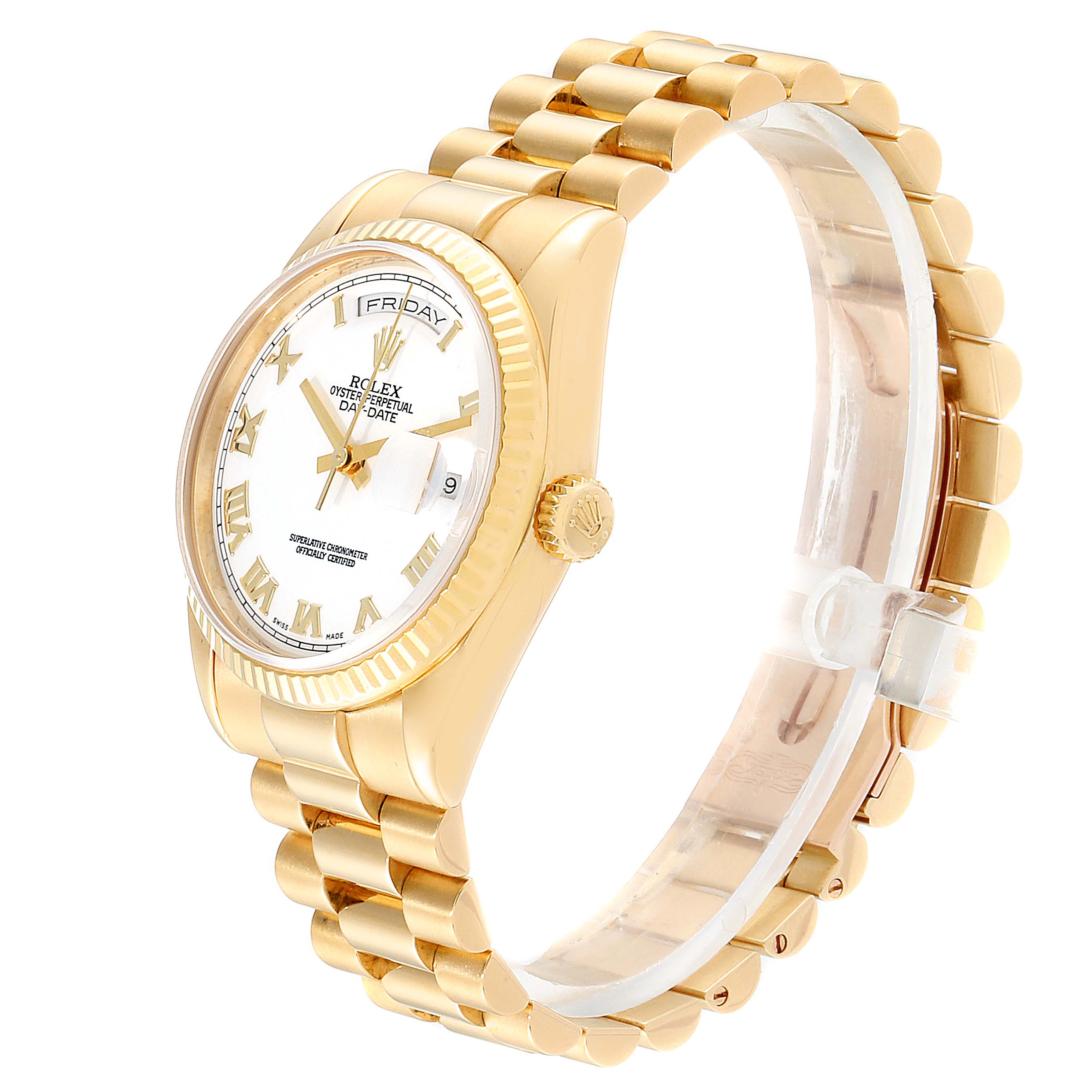 The image shows a side angle of the Rolex President 118238 Men
s Yellow Gold White Dial 118238 Men
s Yellow Gold White Dial watch, displaying its gold case, bracelet, and dial.