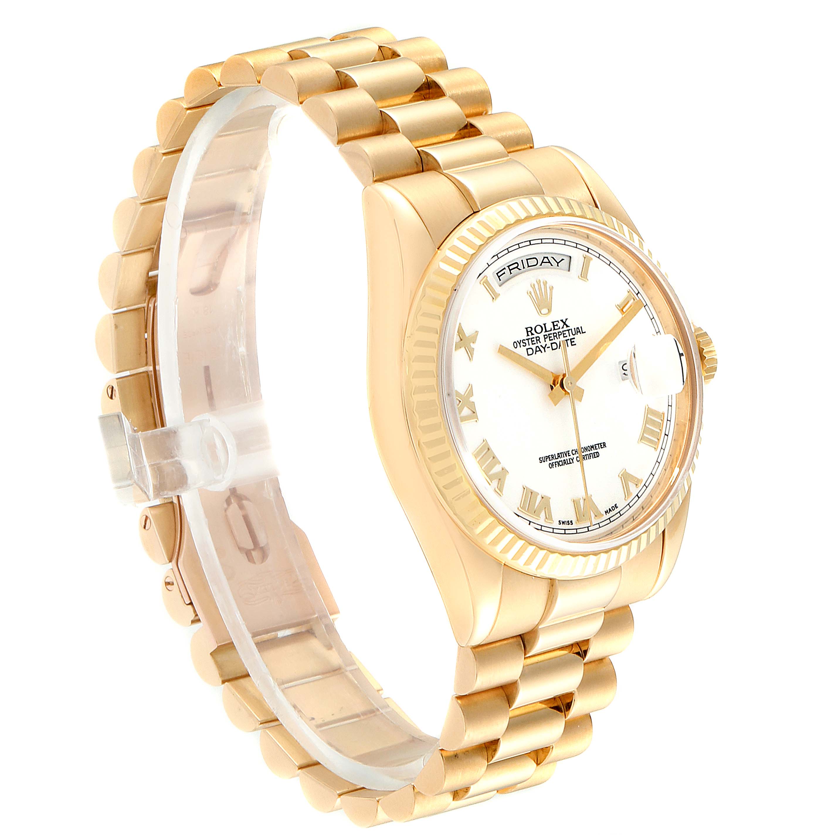 The image shows a side view of the Rolex President 118238 Men
s Yellow Gold White Dial 118238 Men
s Yellow Gold White Dial model watch, highlighting its gold bracelet, case, and dial.