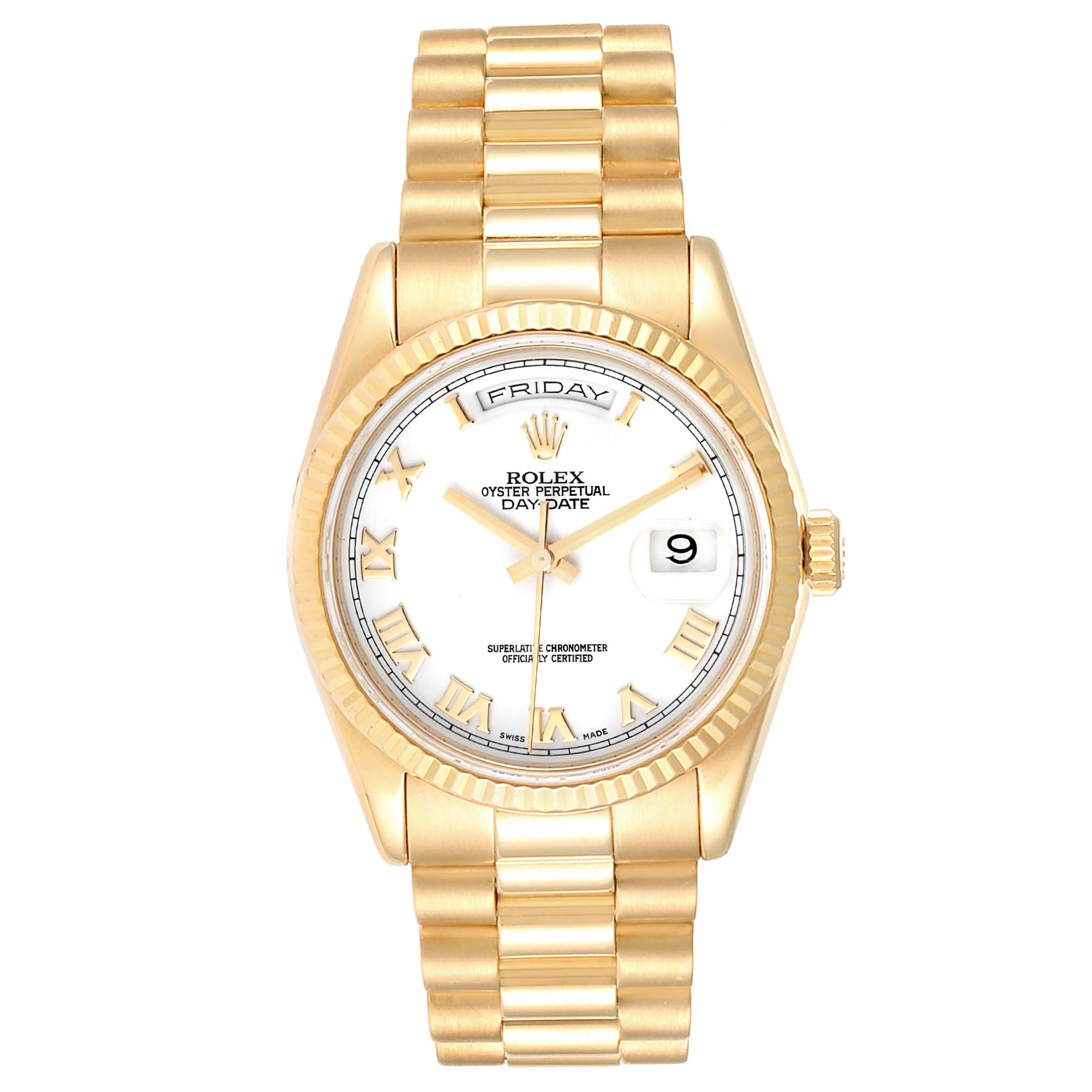 The image displays the front view of a Rolex President 118238 Men
s Yellow Gold White Dial 118238 Men
s Yellow Gold White Dial model watch, showing its gold case, bracelet, and white dial with day and date functions.