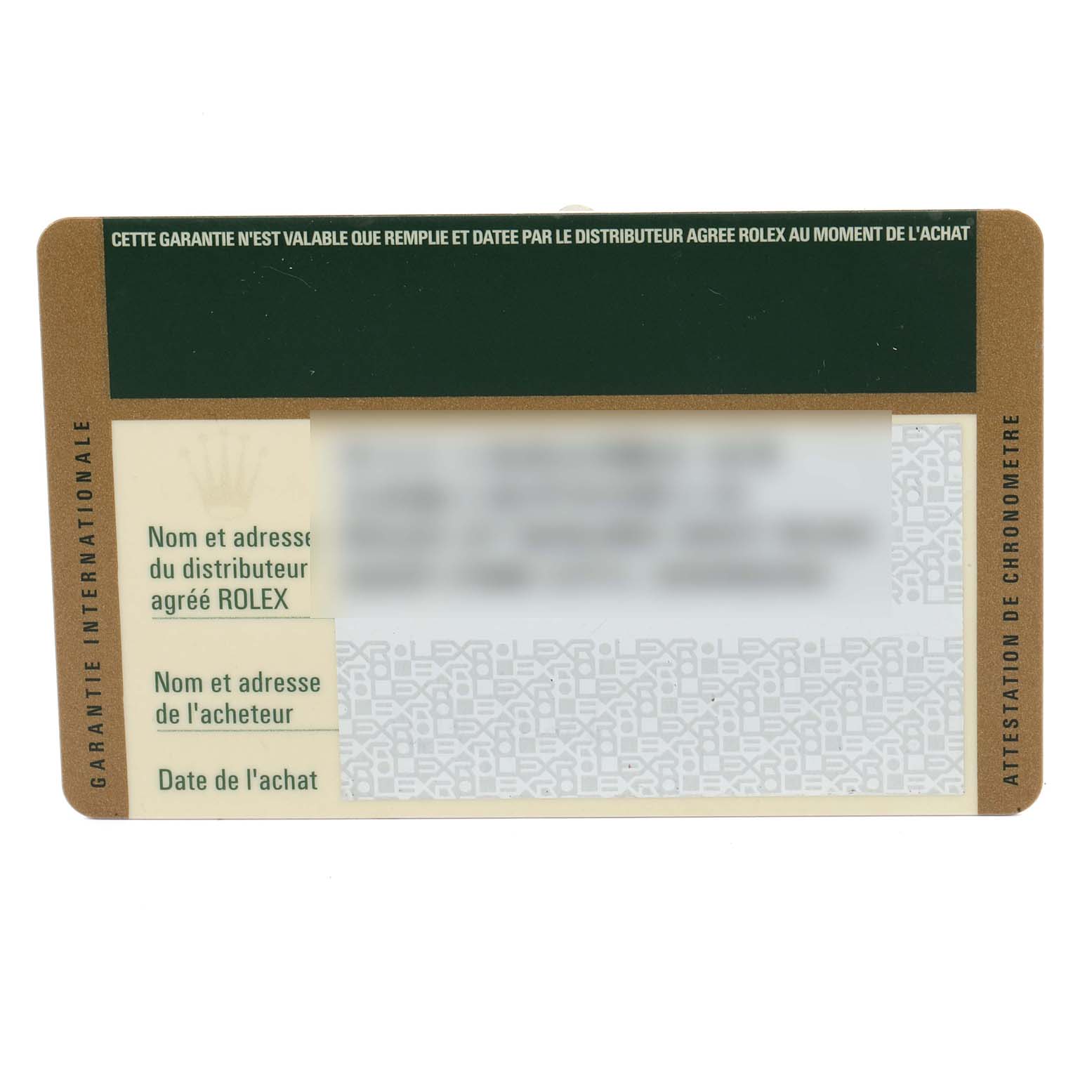 This is an international warranty card for a Rolex President 118388 Men's Yellow Gold Green Dial 118388 Men's Yellow Gold Green Dial model, showing warranty details and purchase information.
