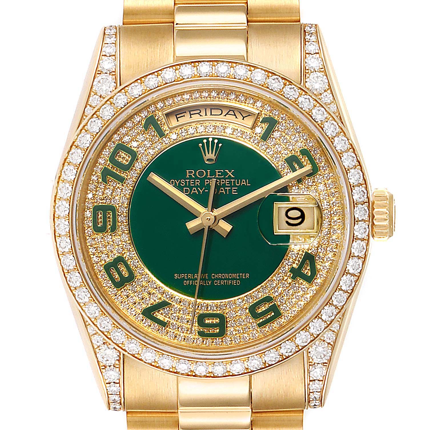 The image shows a front view of a Rolex President 118388 Men's Yellow Gold Green Dial 118388 Men's Yellow Gold Green Dial model watch, highlighting its green dial, diamond bezel, and gold bracelet.