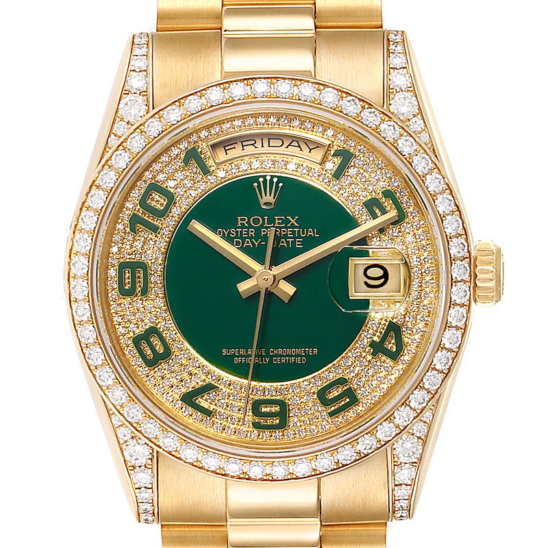 Rolex President Day Date Yellow Gold Green Enamel Diamond Mens Watch 118388 SwissWatchExpo