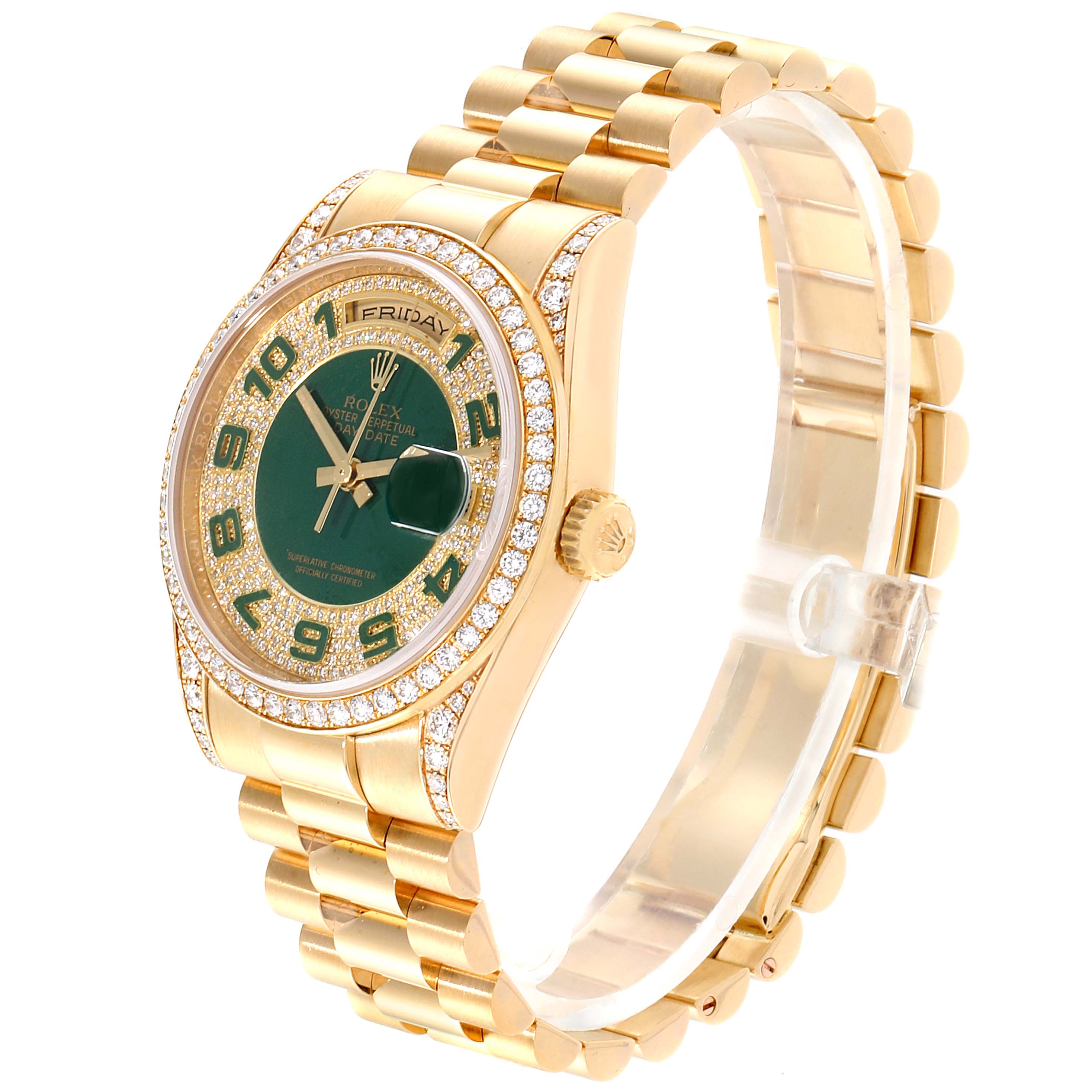 This image shows a Rolex President 118388 Men's Yellow Gold Green Dial 118388 Men's Yellow Gold Green Dial watch at a three-quarter angle, highlighting the face, bezel, crown, and bracelet.