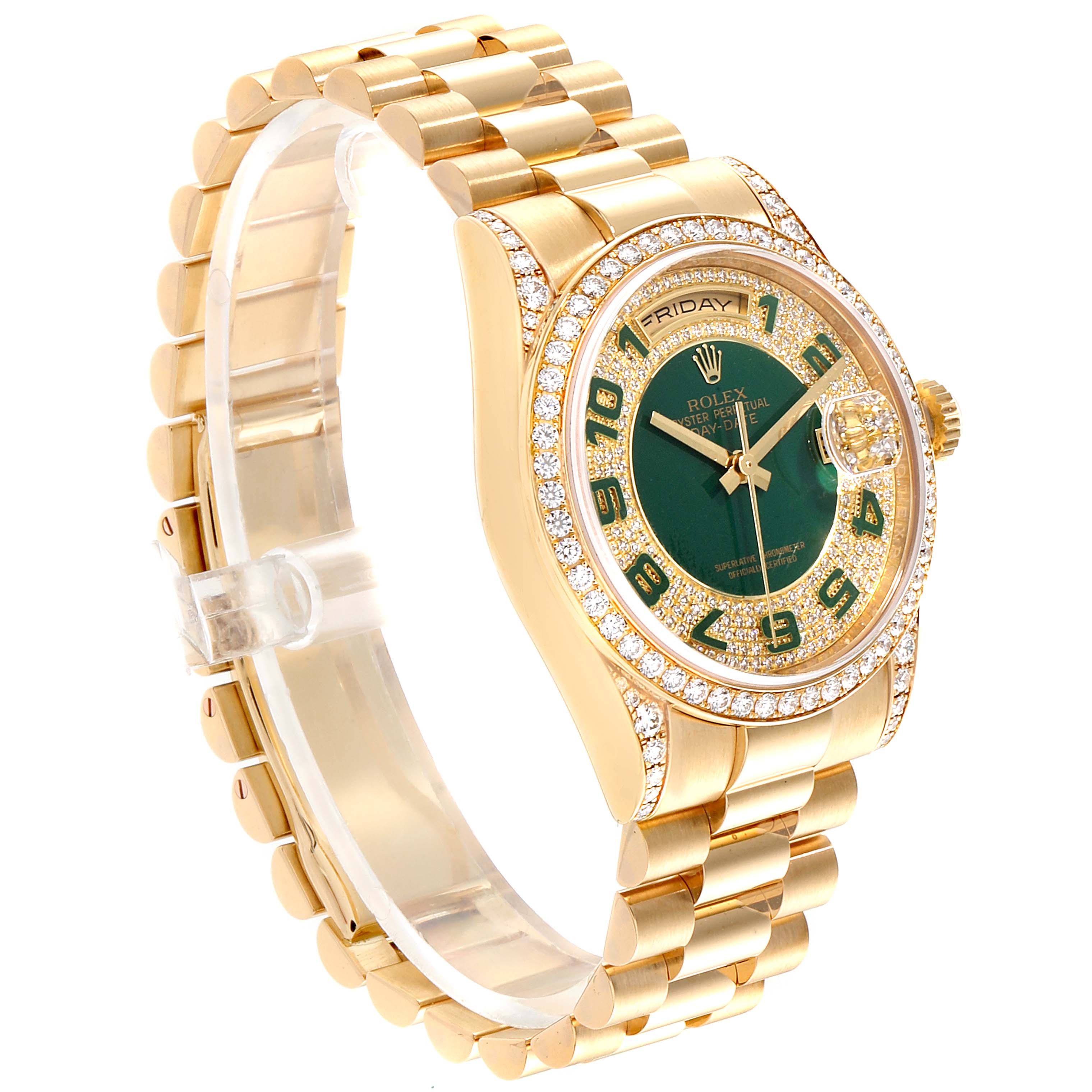 The image shows a side view of a Rolex President 118388 Men's Yellow Gold Green Dial 118388 Men's Yellow Gold Green Dial model watch, highlighting its gold band, green dial, and diamond accents.