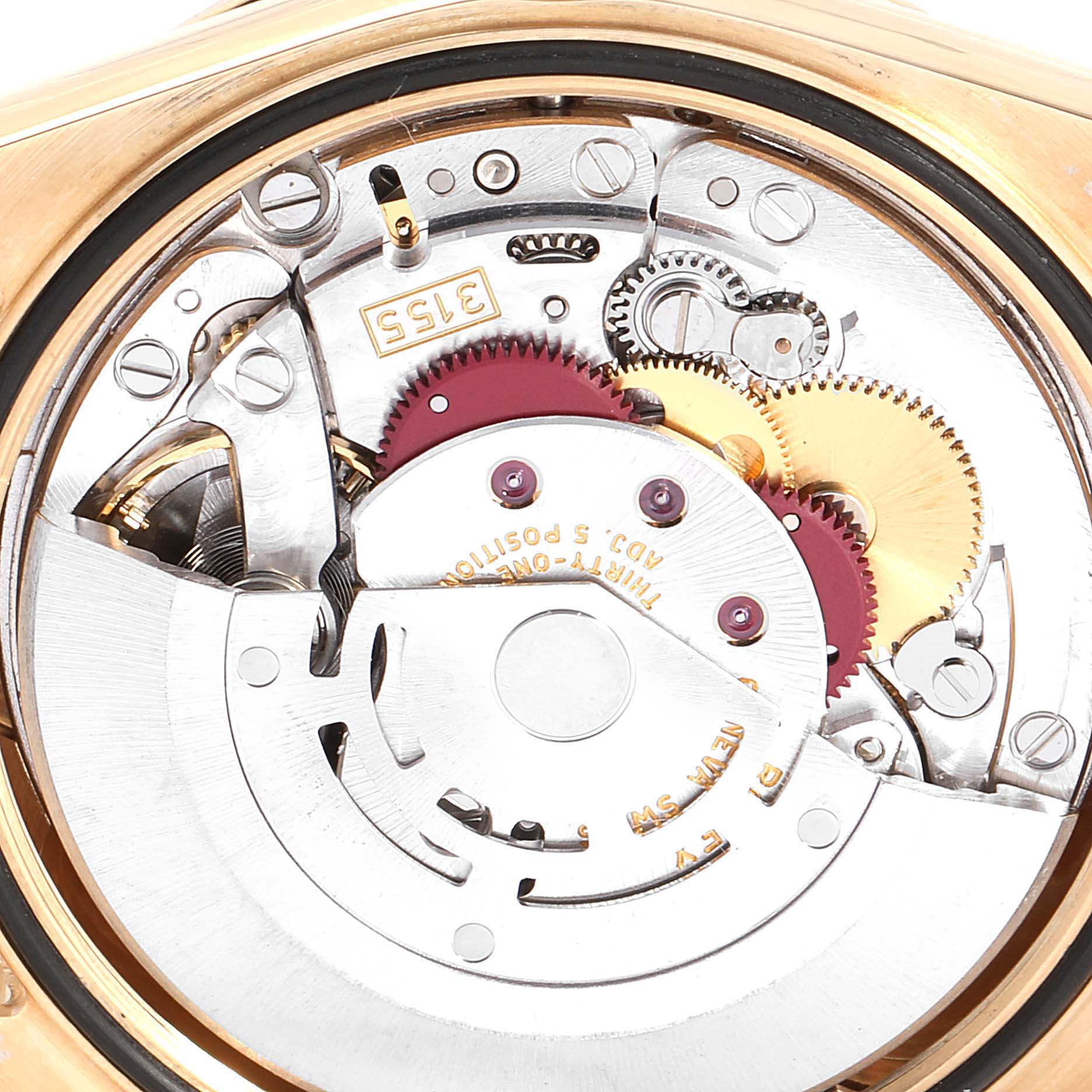 The image shows the internal movement parts of the Rolex President 118388 Men's Yellow Gold Green Dial 118388 Men's Yellow Gold Green Dial model watch from a top-down angle.