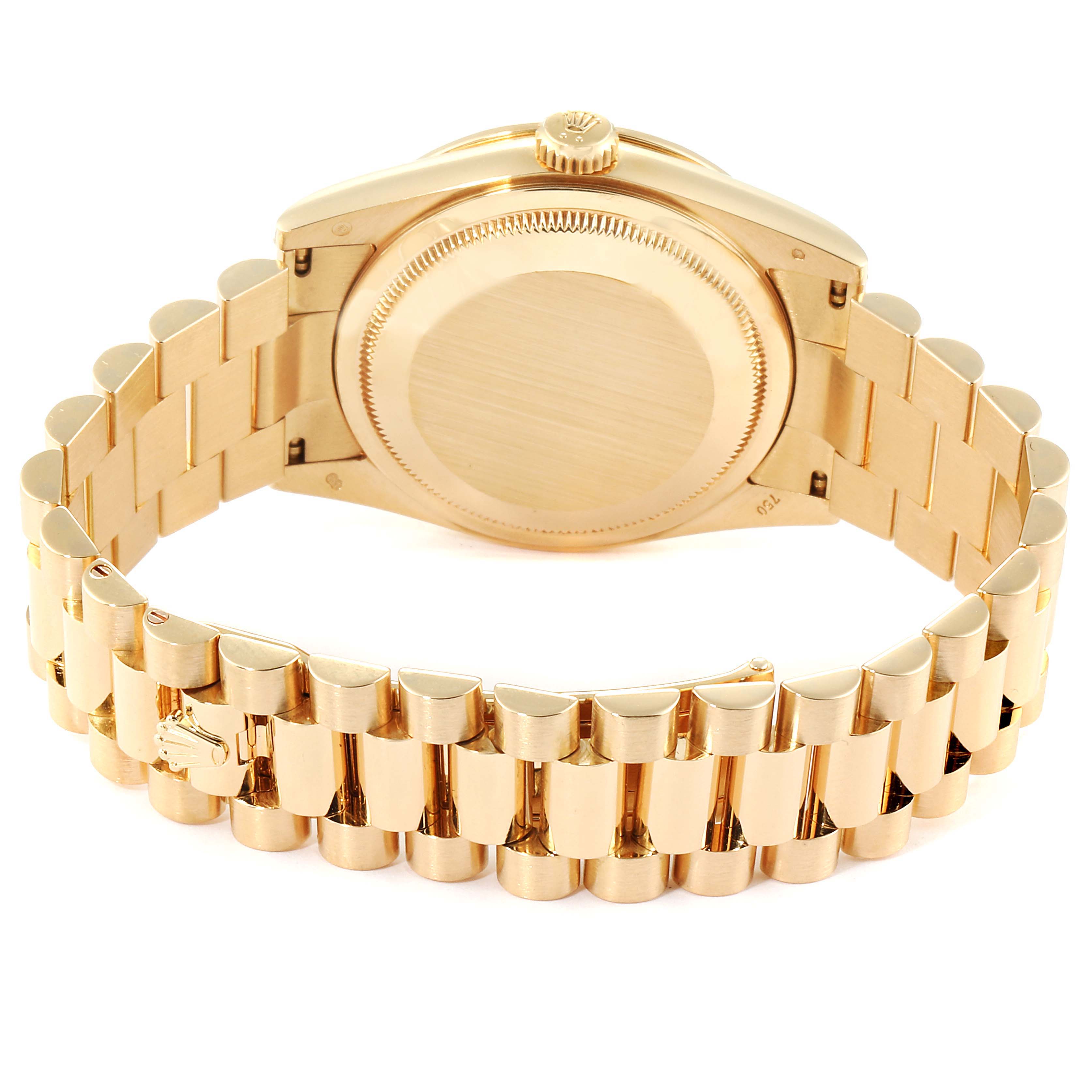 This image shows the back and bracelet of a Rolex President 118388 Men's Yellow Gold Green Dial 118388 Men's Yellow Gold Green Dial model watch, highlighting the case back and iconic bracelet design.