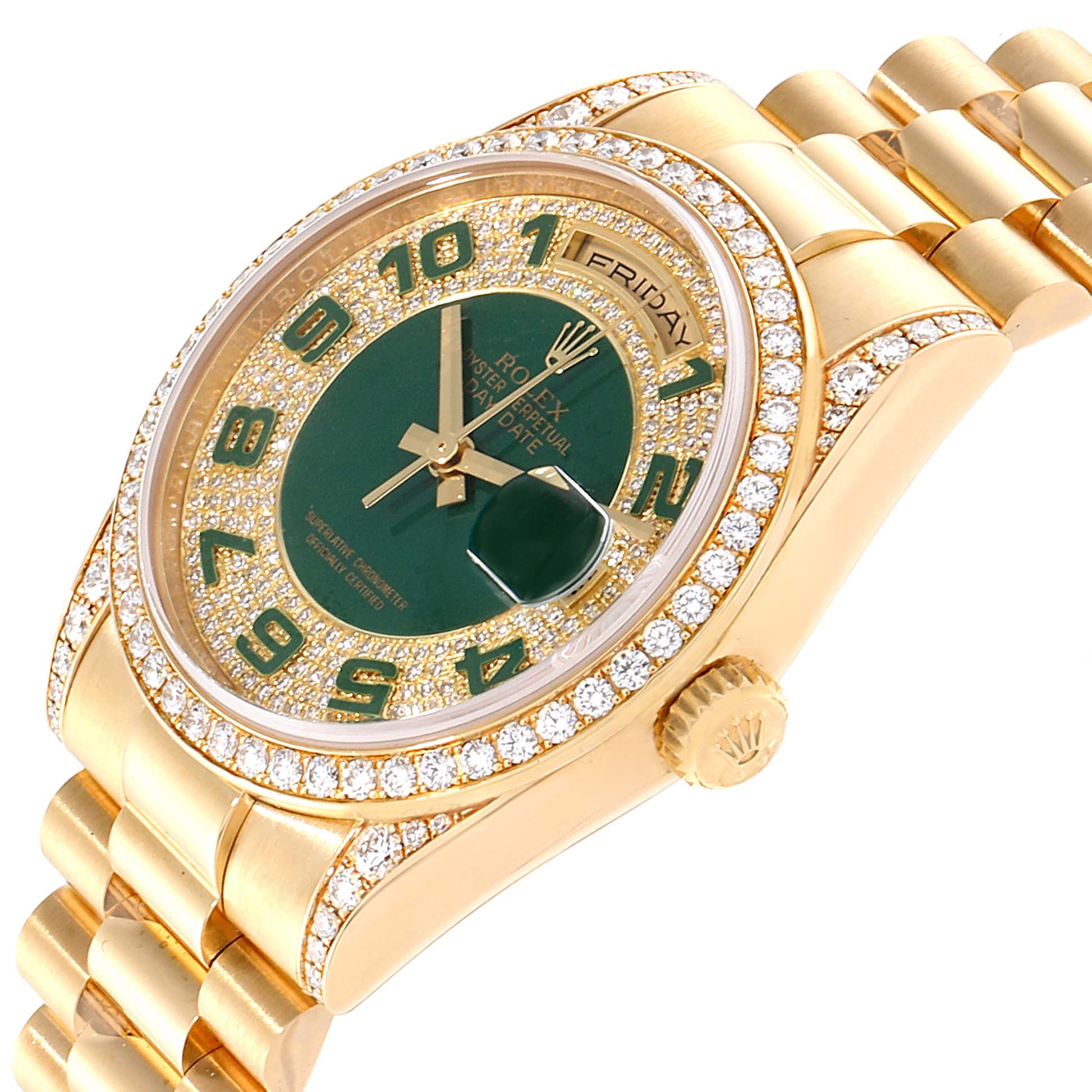 The image shows a side angle of a Rolex President 118388 Men's Yellow Gold Green Dial 118388 Men's Yellow Gold Green Dial model watch, highlighting the bezel, dial, crown, and part of the bracelet.
