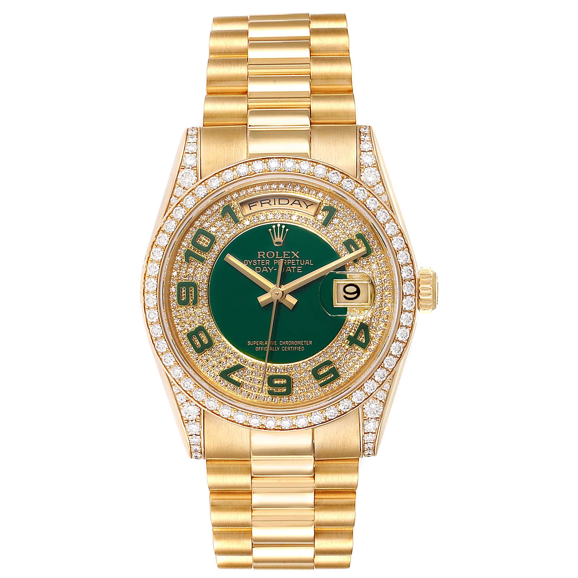 This image shows a Rolex President 118388 Men's Yellow Gold Green Dial 118388 Men's Yellow Gold Green Dial model watch from a front angle with a gold bracelet, green dial, and diamond-set bezel.
