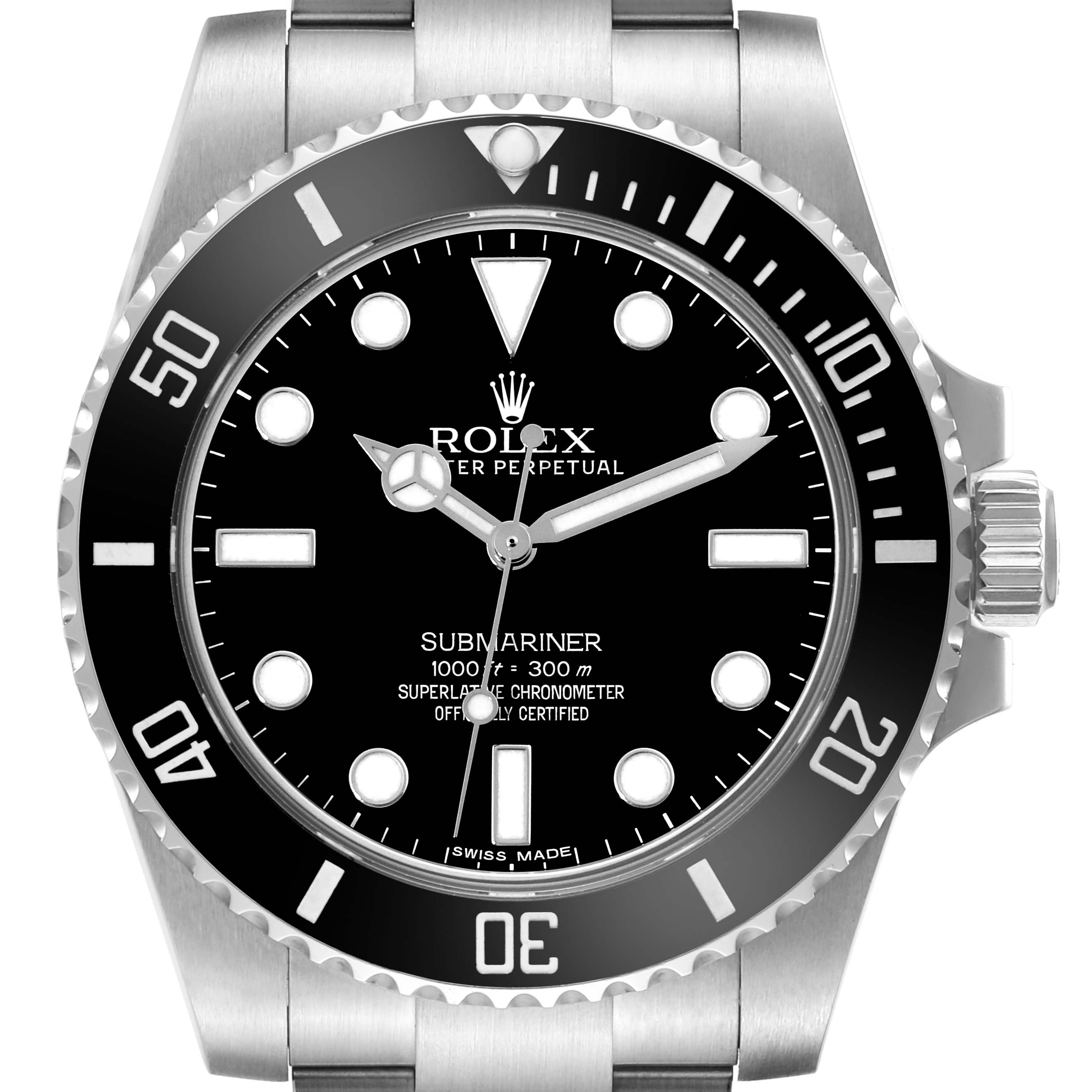 This image shows a front view of a Rolex Submariner 114060 Men
s Stainless Steel Black Dial 114060 Men
s Stainless Steel Black Dial watch, highlighting its dial, bezel, and part of the metal bracelet.