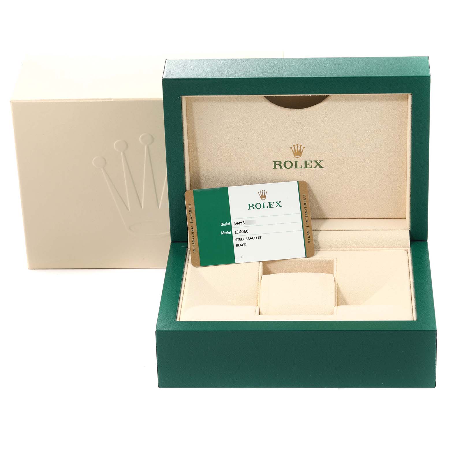 The image shows the open box and Best Quality
ity card of a Rolex Submariner 114060 Men
s Stainless Steel Black Dial 114060 Men
s Stainless Steel Black Dial model.