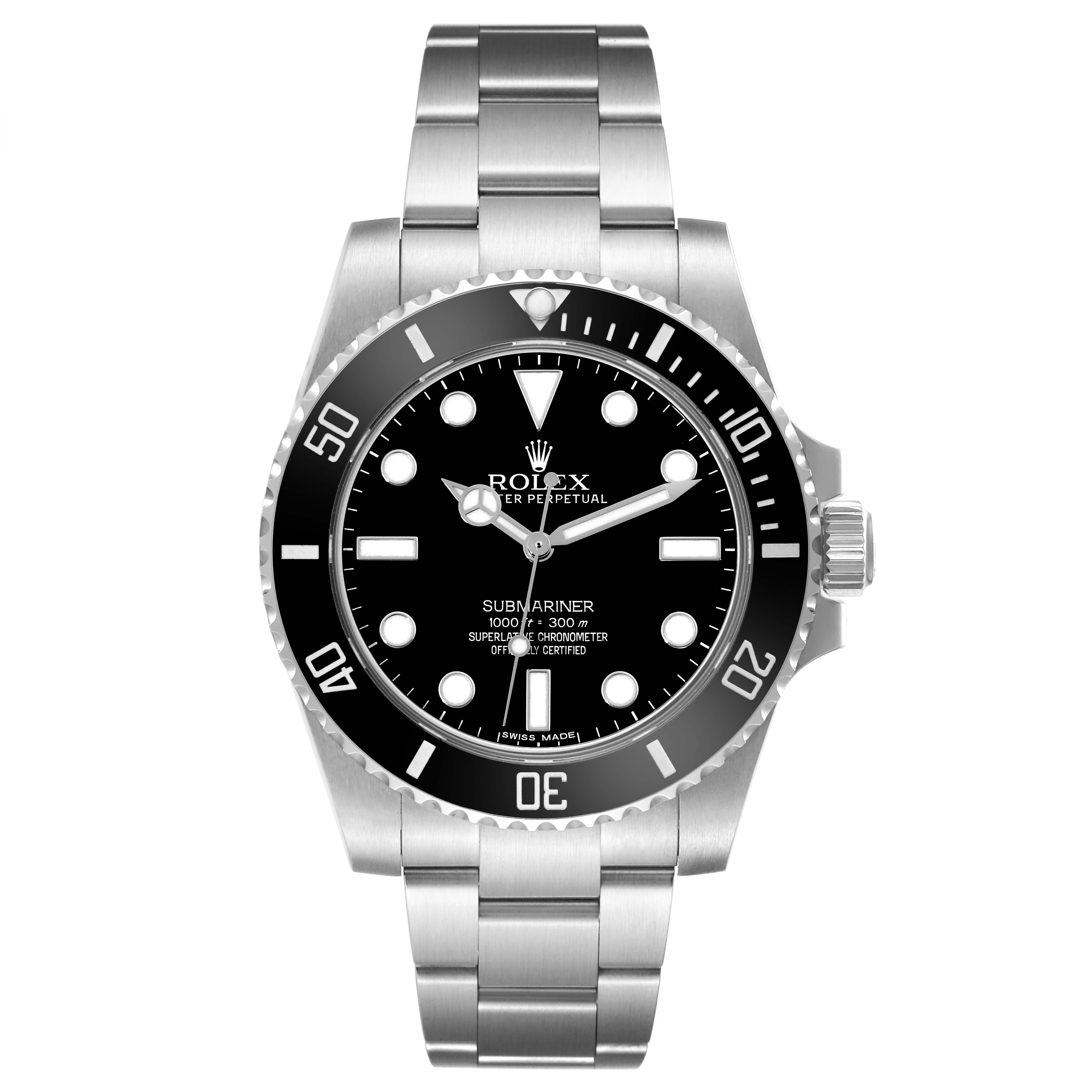 The Rolex Submariner 114060 Men
s Stainless Steel Black Dial 114060 Men
s Stainless Steel Black Dial watch is shown from a top-down angle, displaying its face, bezel, and metal bracelet.