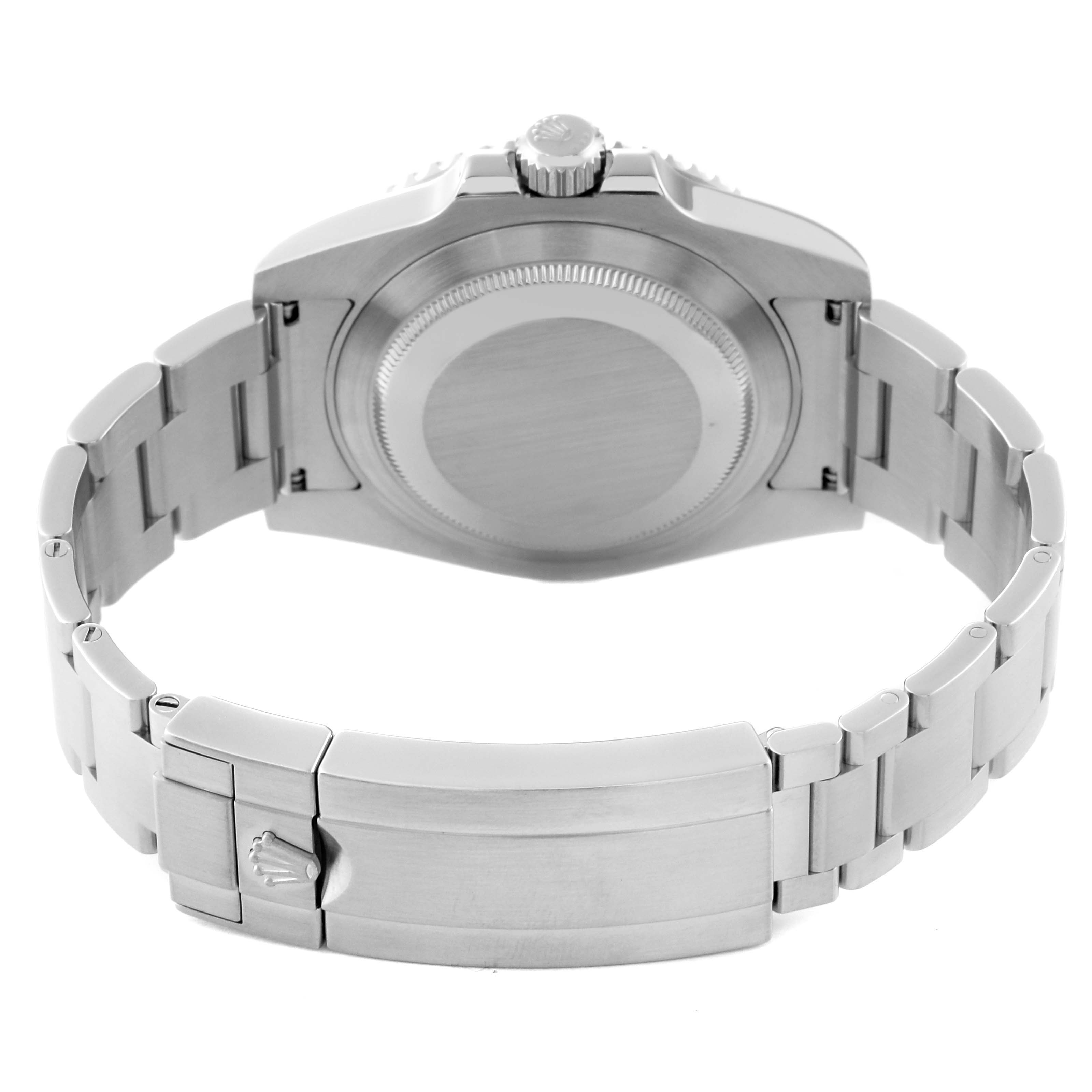 This image shows the back view of a Rolex Submariner 114060 Men
s Stainless Steel Black Dial 114060 Men
s Stainless Steel Black Dial watch, highlighting the case back, bracelet, and clasp.