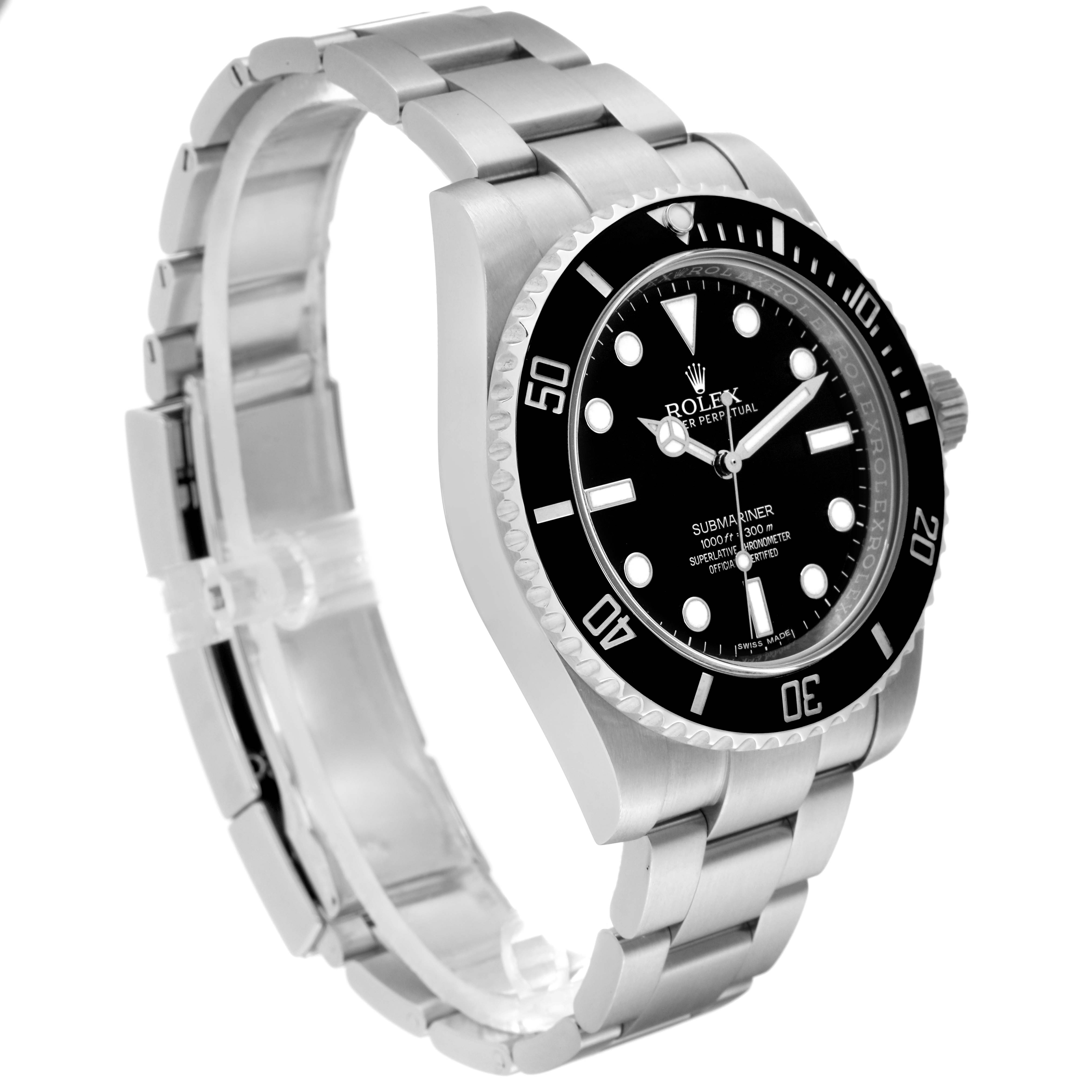 The image shows a side-angle view of a Rolex Submariner 114060 Men
s Stainless Steel Black Dial 114060 Men
s Stainless Steel Black Dial watch, highlighting the face, bezel, crown, and bracelet.