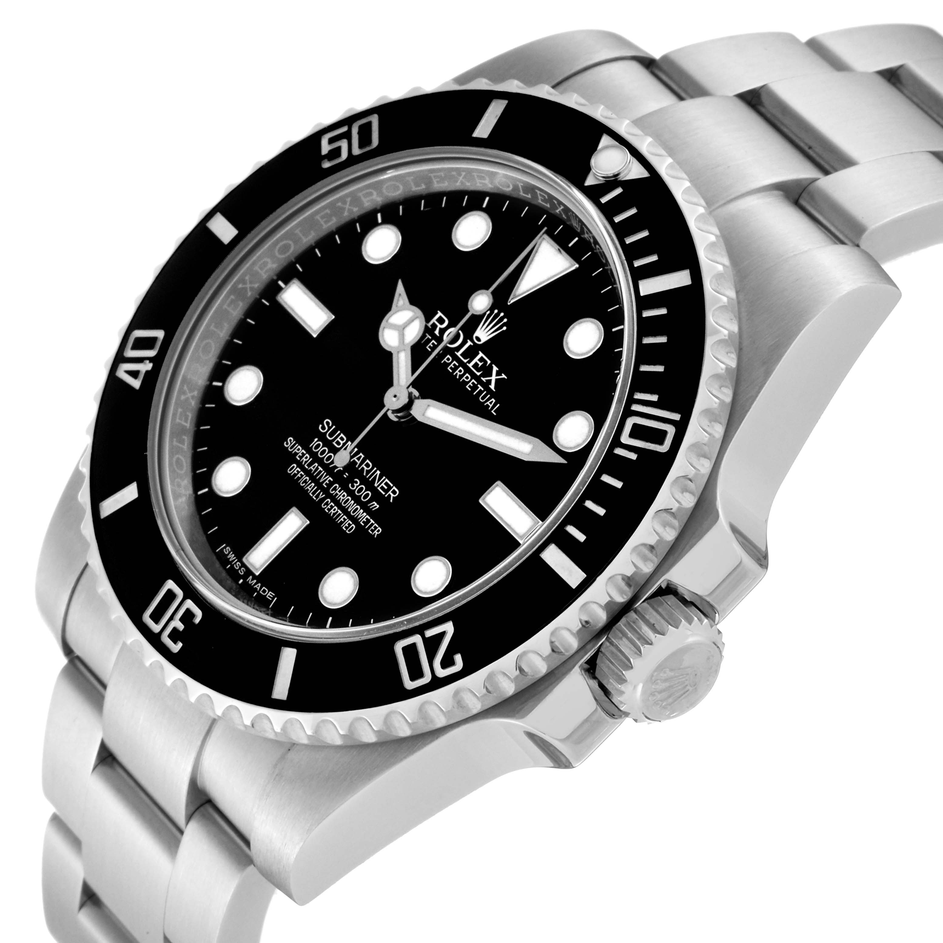 This image shows the Rolex Submariner 114060 Men
s Stainless Steel Black Dial 114060 Men
s Stainless Steel Black Dial watch at an angle featuring the face, bezel, crown, and part of the bracelet.