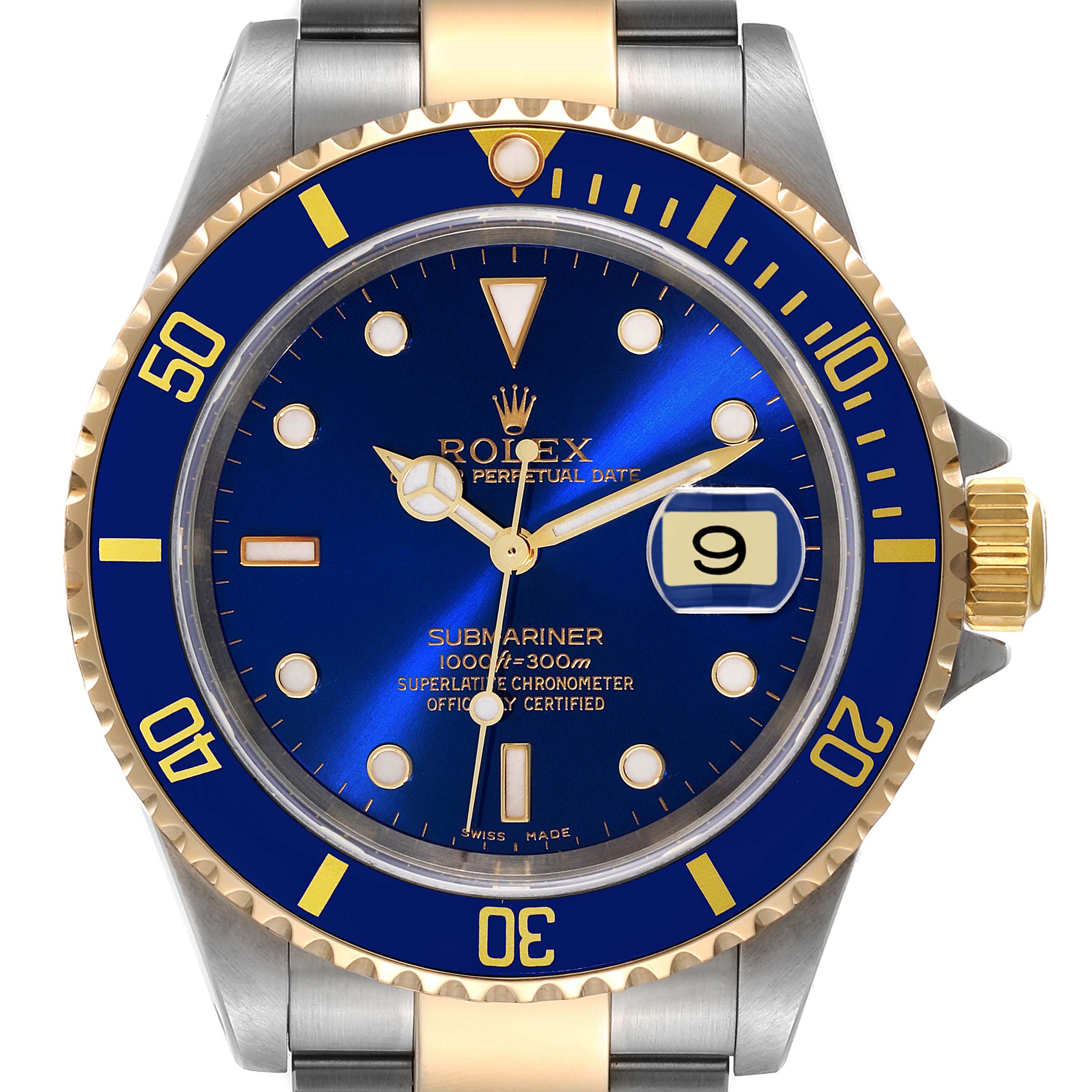 The image shows a front view of a Rolex Submariner 16613 Men's Steel and Gold (two tone) Blue Dial 16613 Men's Steel and Gold (two tone) Blue Dial watch, highlighting the dial, bezel, and part of the bracelet.