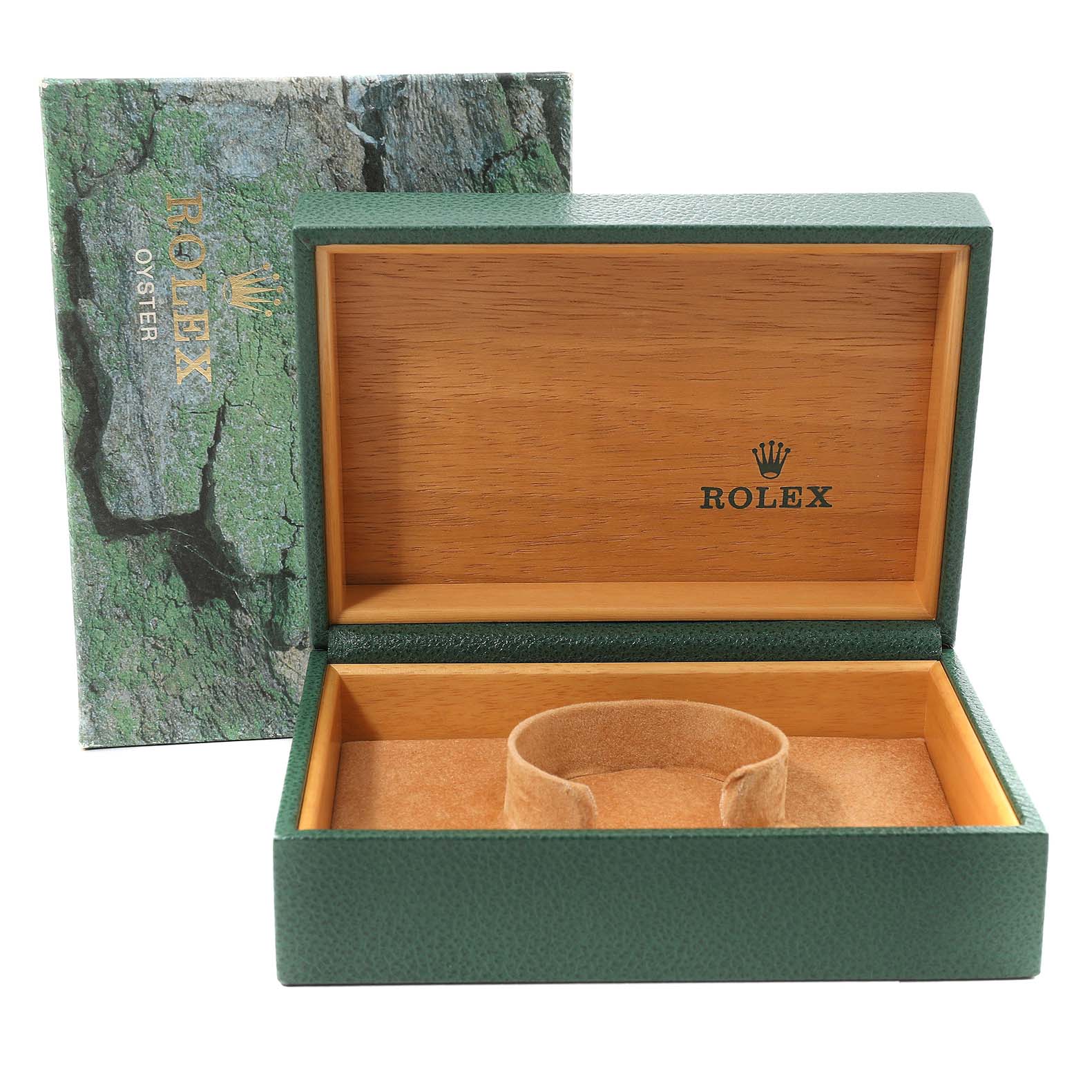 This image shows an open Rolex Submariner 16613 Men's Steel and Gold (two tone) Blue Dial 16613 Men's Steel and Gold (two tone) Blue Dial watch box, revealing its wooden interior and a cushion for the watch.