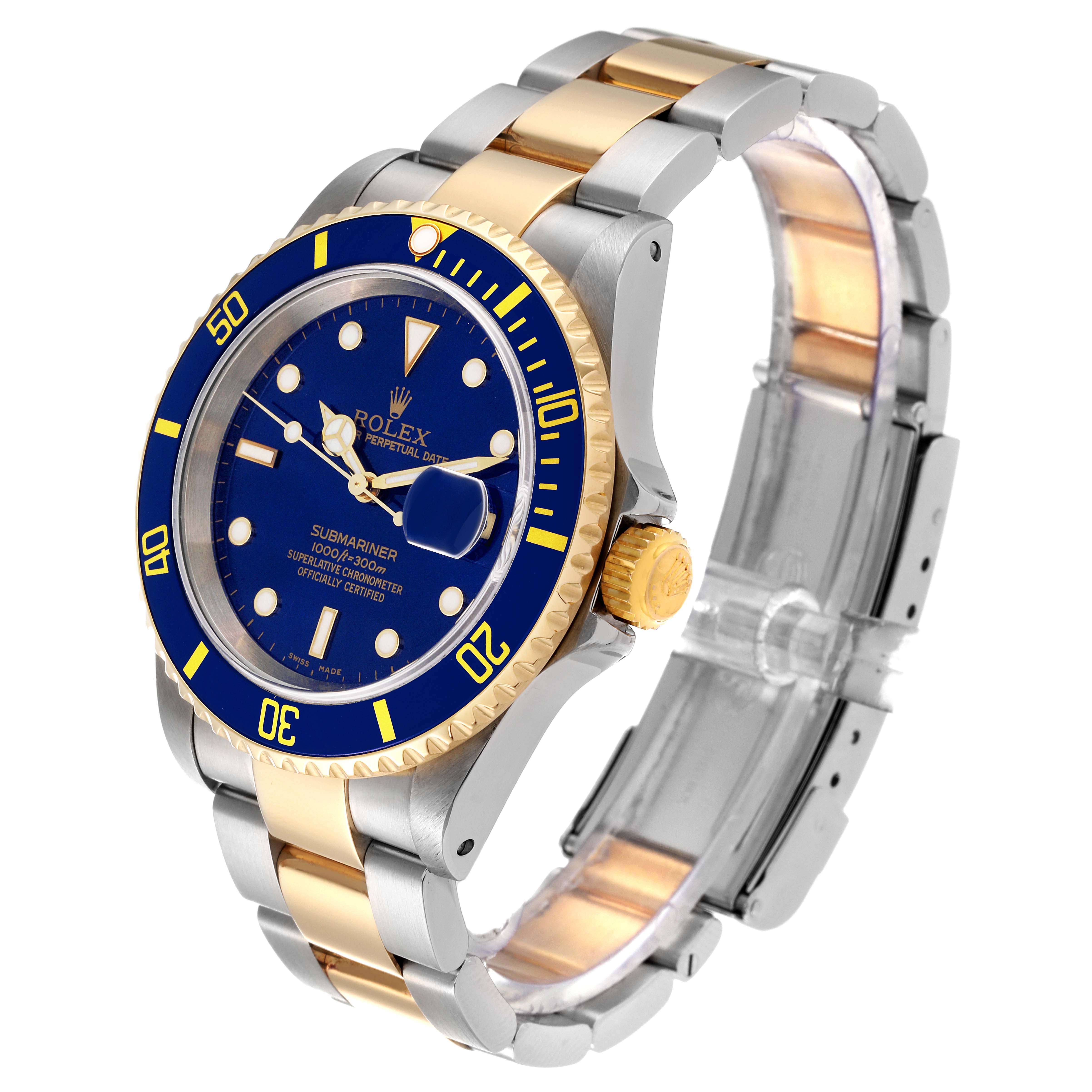 The image shows a Rolex Submariner 16613 Men's Steel and Gold (two tone) Blue Dial 16613 Men's Steel and Gold (two tone) Blue Dial watch at a 3/4 angle, highlighting the blue dial, bezel, and two-tone metal bracelet.