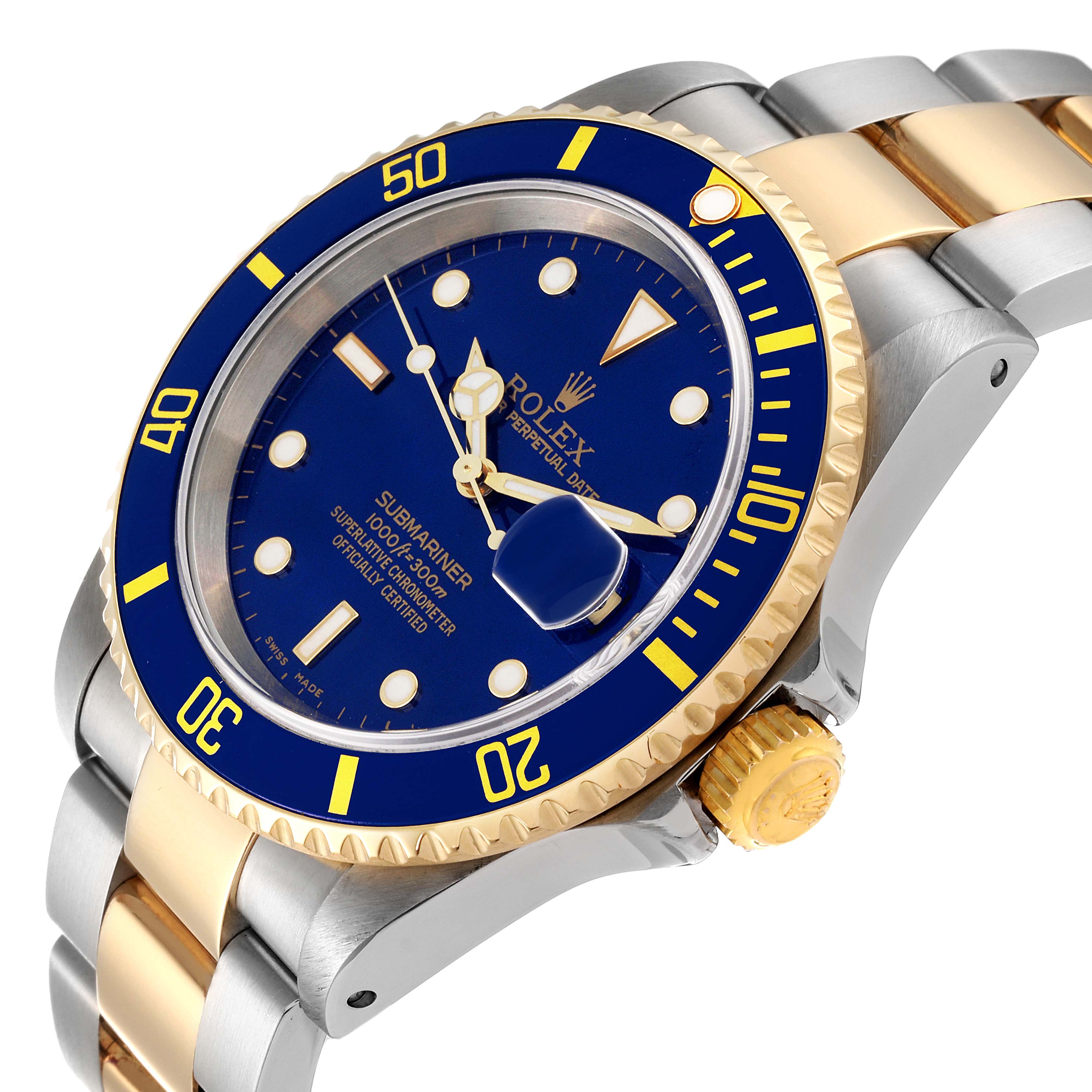 The image shows a side angle of a Rolex Submariner 16613 Men's Steel and Gold (two tone) Blue Dial 16613 Men's Steel and Gold (two tone) Blue Dial watch, highlighting its blue dial, bezel, and two-tone metal bracelet.