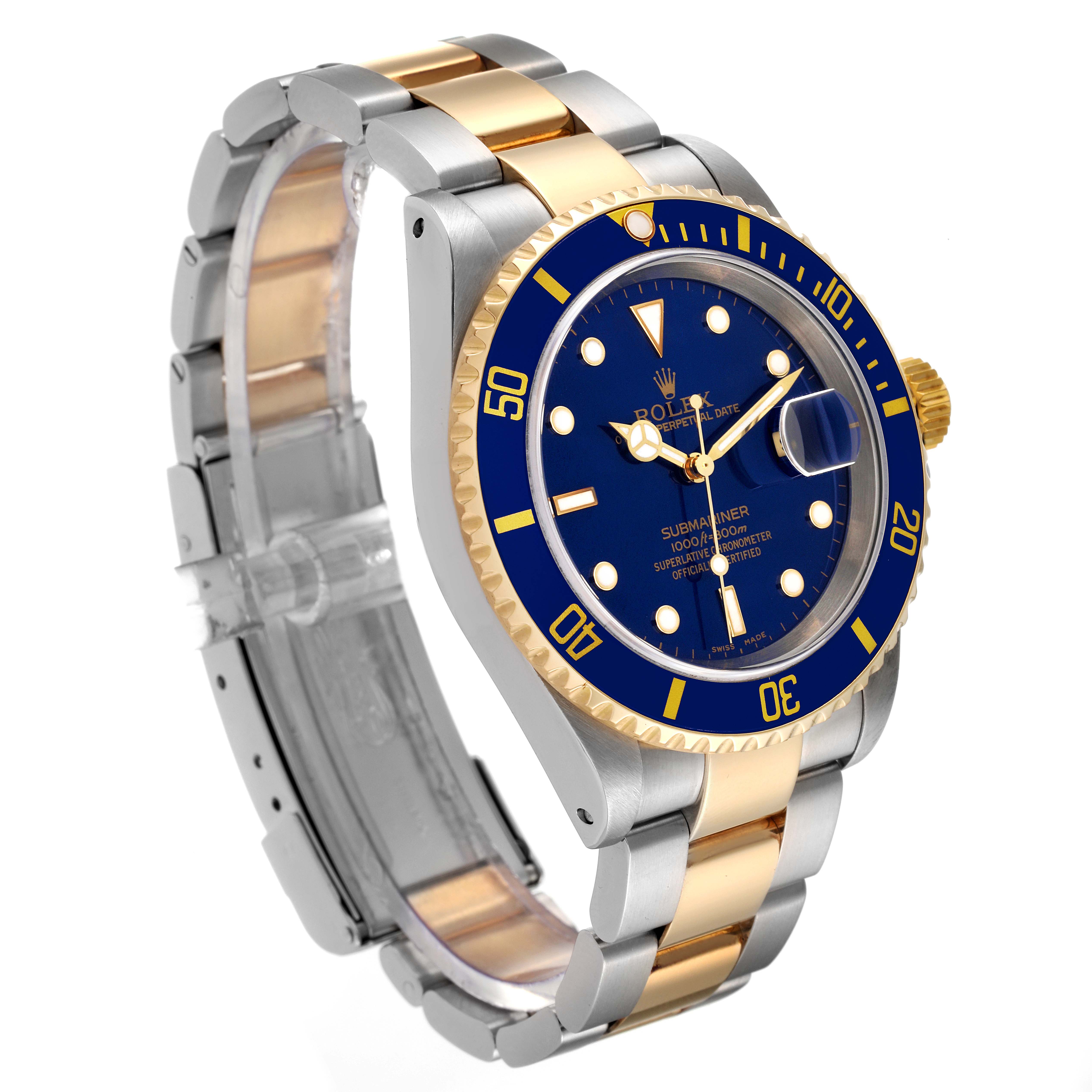 The Rolex Submariner 16613 Men's Steel and Gold (two tone) Blue Dial 16613 Men's Steel and Gold (two tone) Blue Dial watch is shown at a three-quarter angle, displaying its bracelet, dial, and bezel.