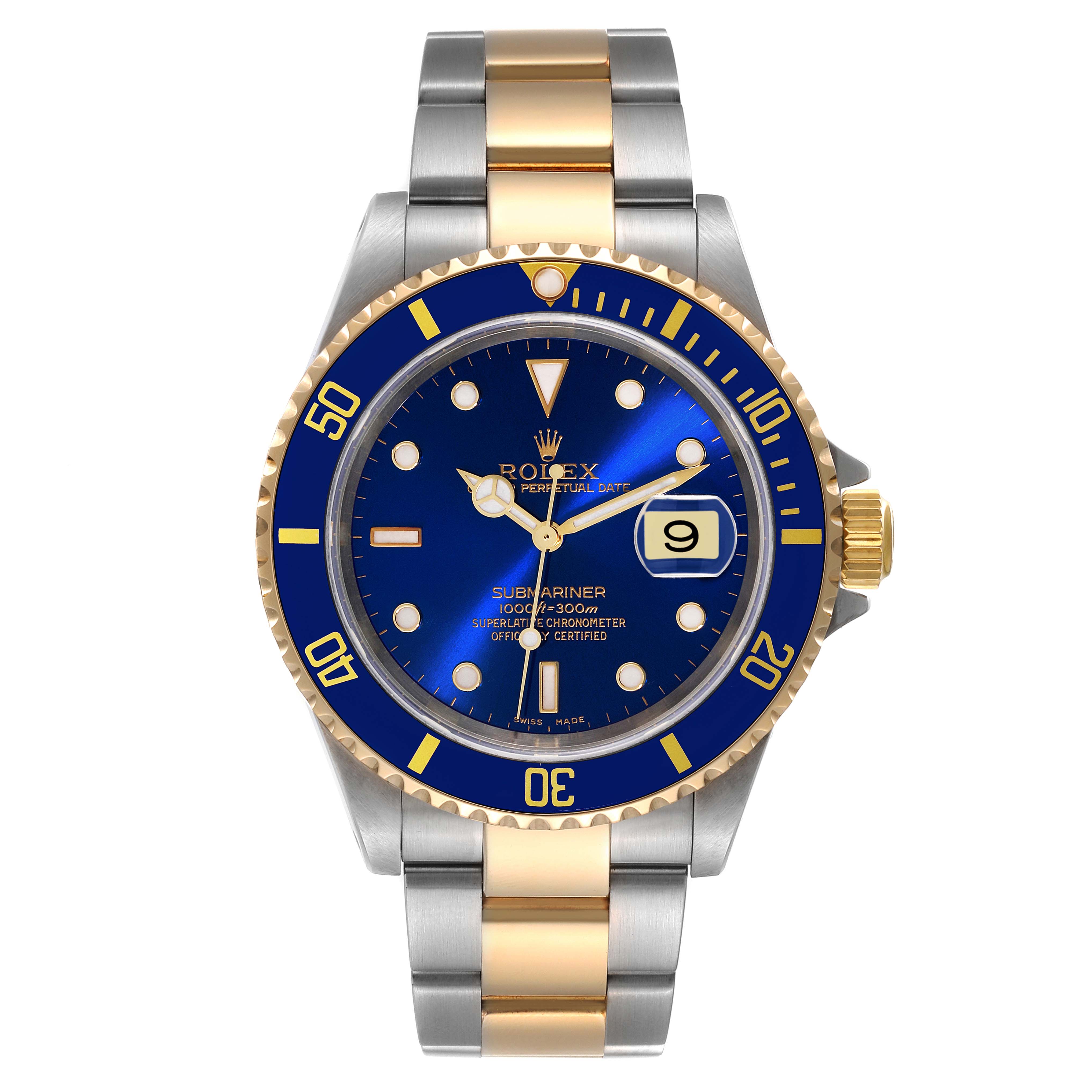 This image shows a front view of a Rolex Submariner 16613 Men's Steel and Gold (two tone) Blue Dial 16613 Men's Steel and Gold (two tone) Blue Dial watch, displaying the blue dial, bezel, and two-tone bracelet.