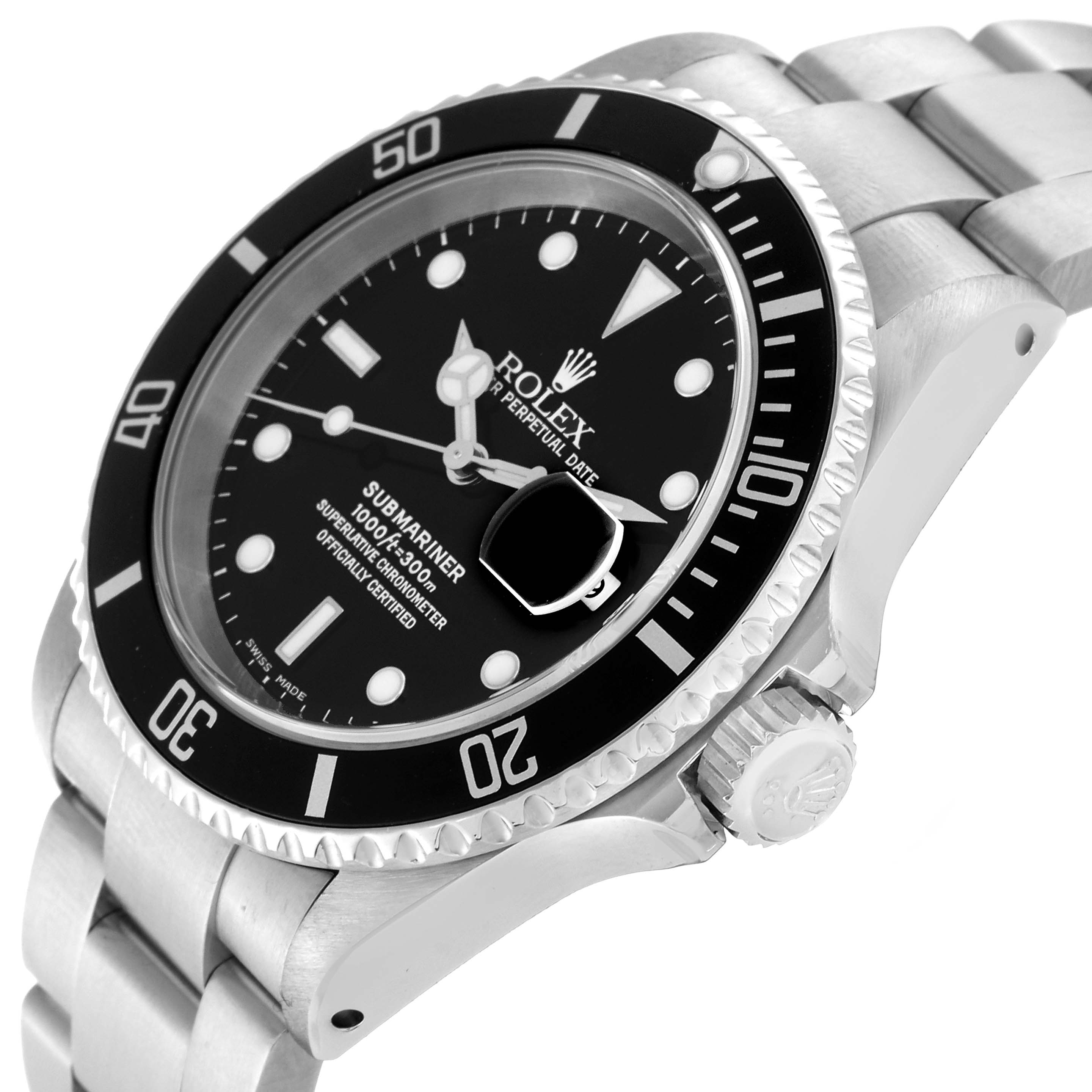 This image shows a Rolex Submariner 16610 Men
s Stainless Steel Black Dial 16610 Men
s Stainless Steel Black Dial watch at a three-quarter angle highlighting the bezel, dial, crown, and bracelet.