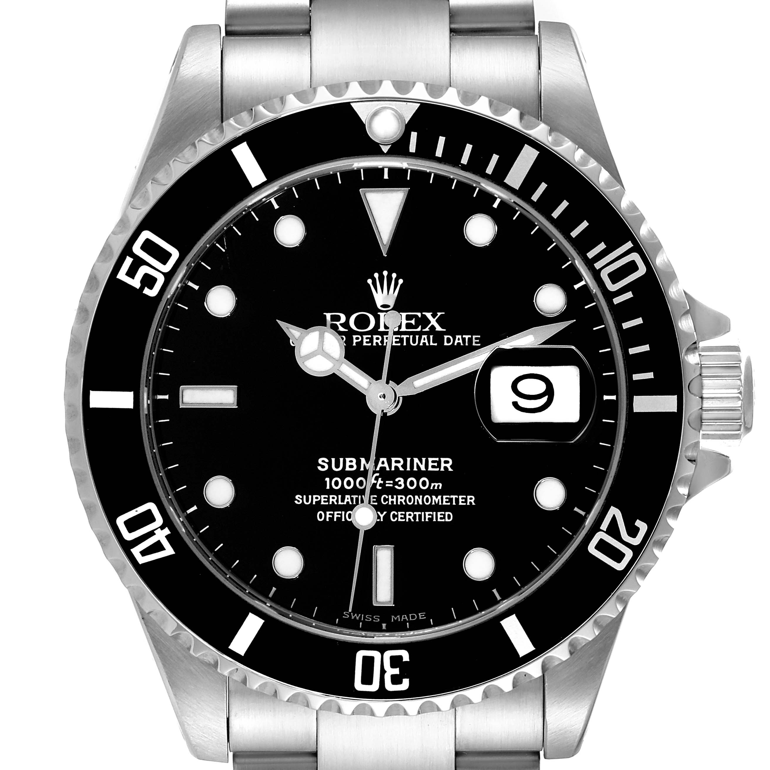 The image shows a front view of a Rolex Submariner 16610 Men
s Stainless Steel Black Dial 16610 Men
s Stainless Steel Black Dial, highlighting its dial, bezel, and bracelet.