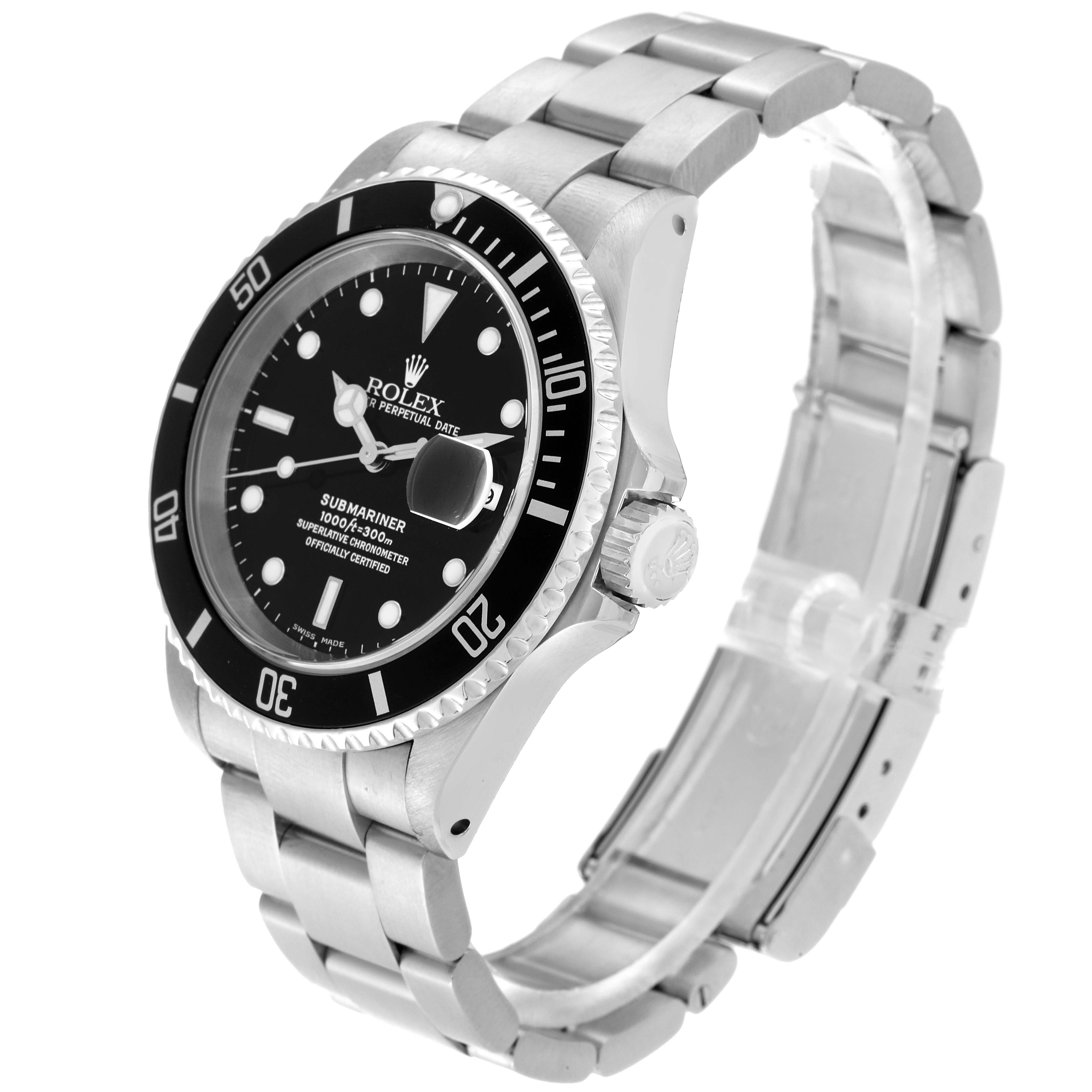 The image shows a Rolex Submariner 16610 Men
s Stainless Steel Black Dial 16610 Men
s Stainless Steel Black Dial watch at an angle highlighting the face, bezel, crown, and metal bracelet.