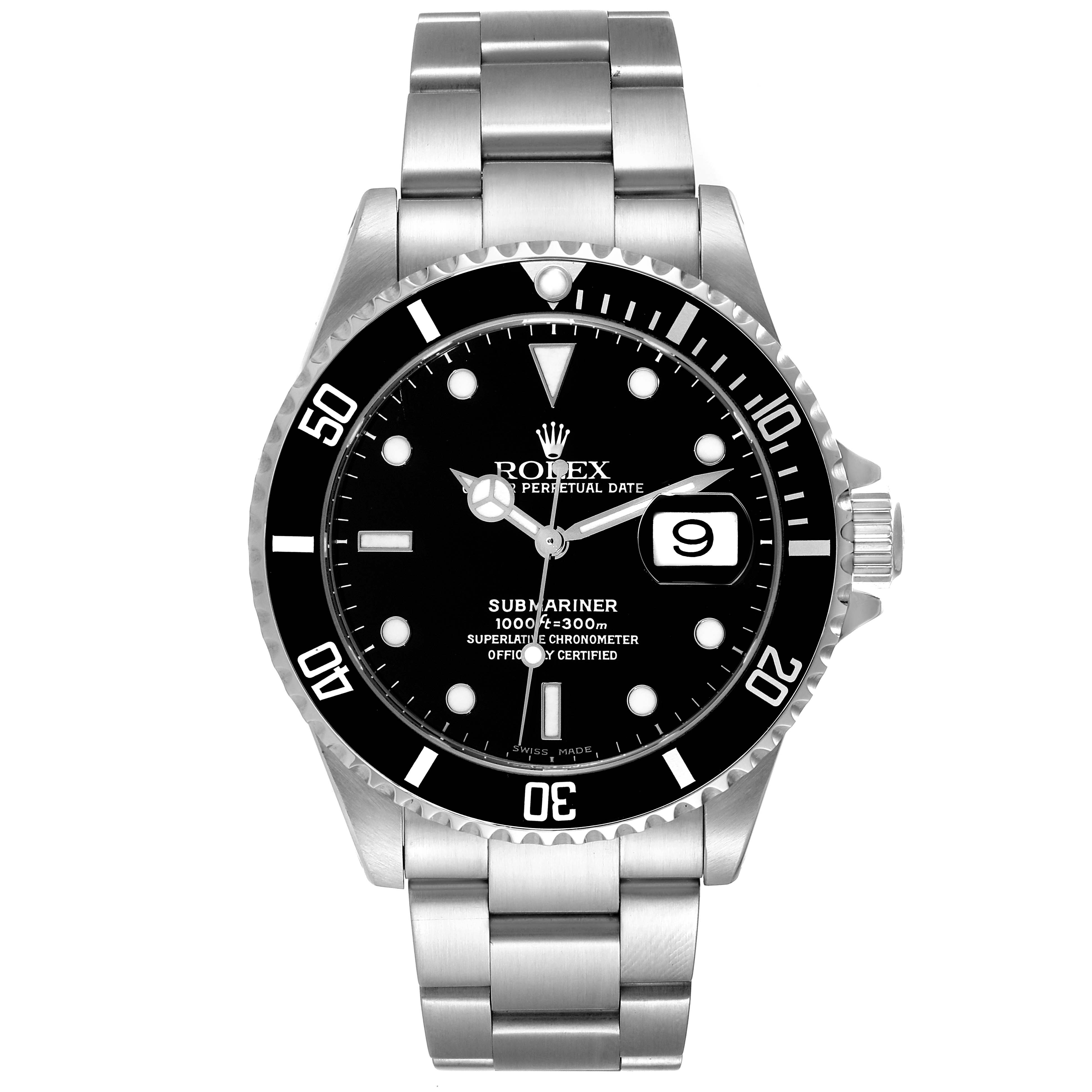 The image shows a front view of a Rolex Submariner 16610 Men
s Stainless Steel Black Dial 16610 Men
s Stainless Steel Black Dial watch, highlighting its dial, bezel, bracelet, and date window.