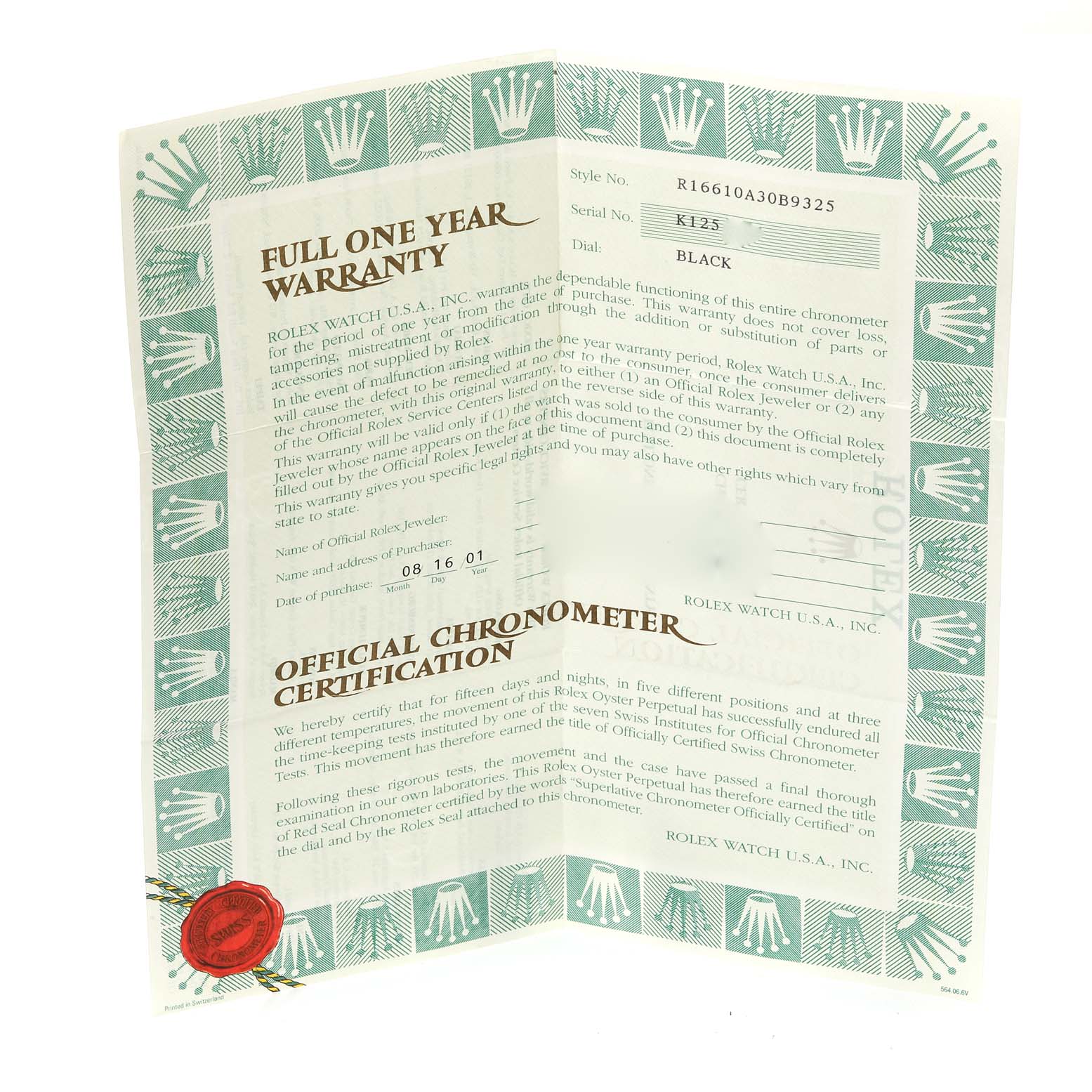 This image shows an official warranty and chronometer certification document for the Rolex Submariner 16610 Men
s Stainless Steel Black Dial 16610 Men
s Stainless Steel Black Dial model.