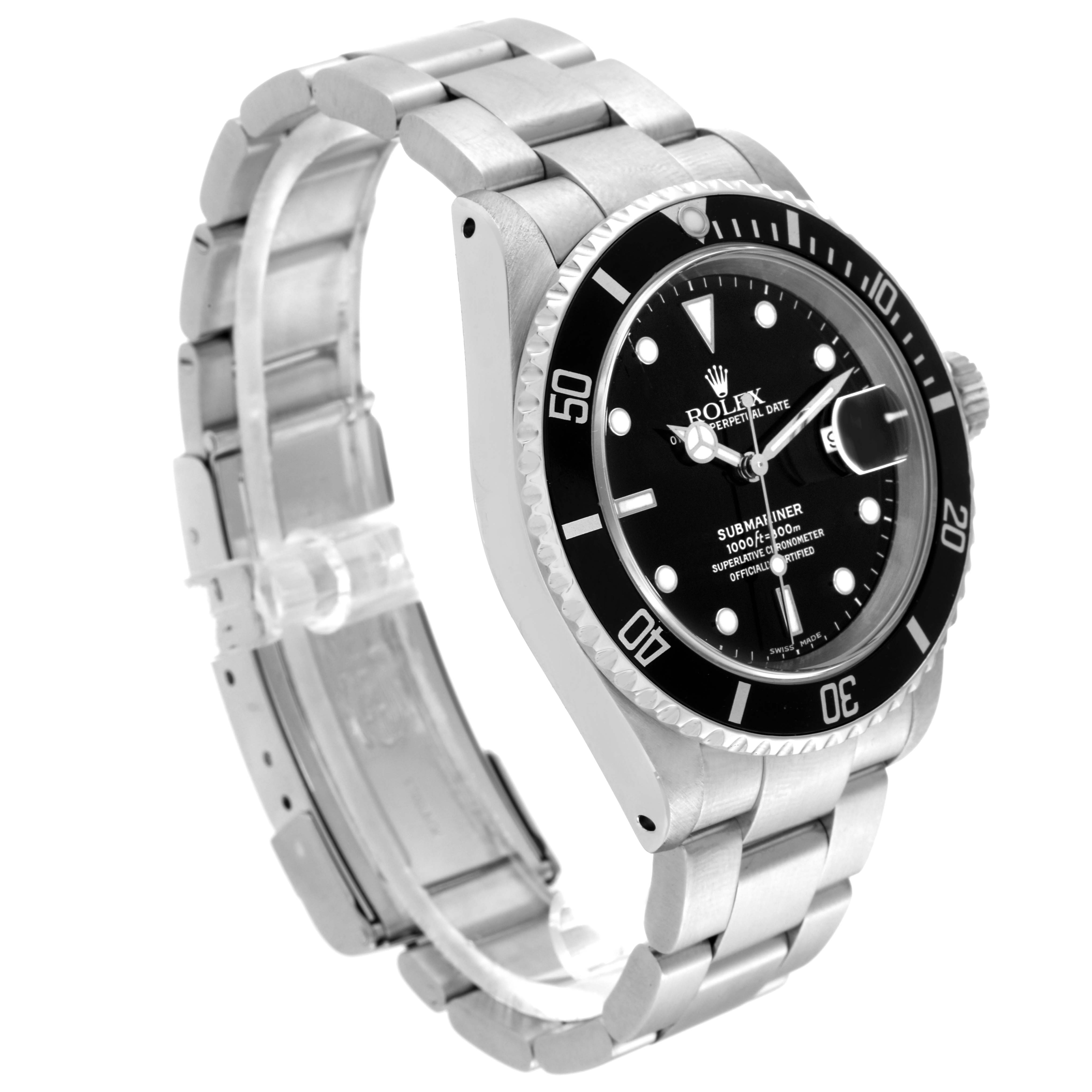 The image shows a side angle view of a Rolex Submariner 16610 Men
s Stainless Steel Black Dial 16610 Men
s Stainless Steel Black Dial watch, highlighting the bracelet, bezel, and dial.