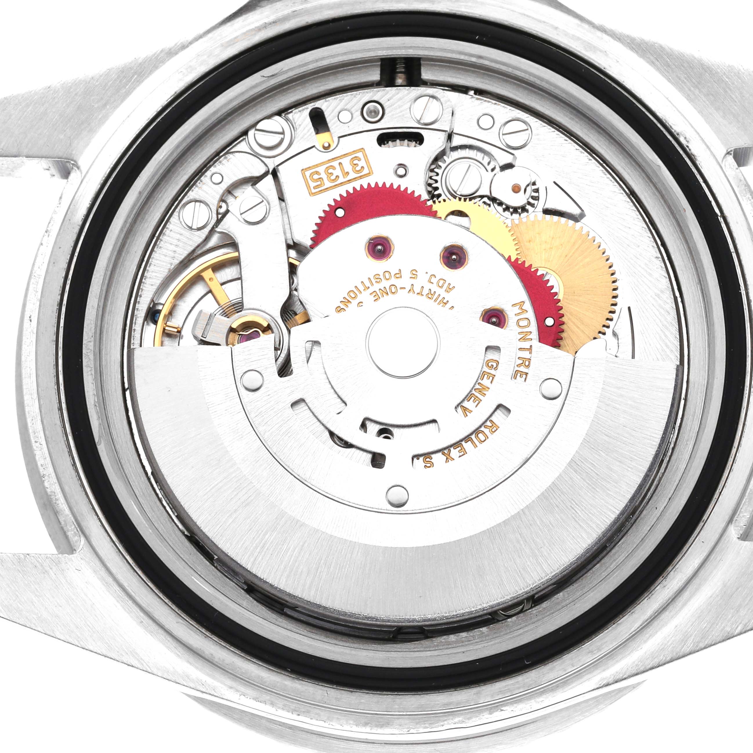 This image shows the internal movement mechanism of a Rolex Submariner 16610 Men
s Stainless Steel Black Dial 16610 Men
s Stainless Steel Black Dial watch from a back view angle without the case back.